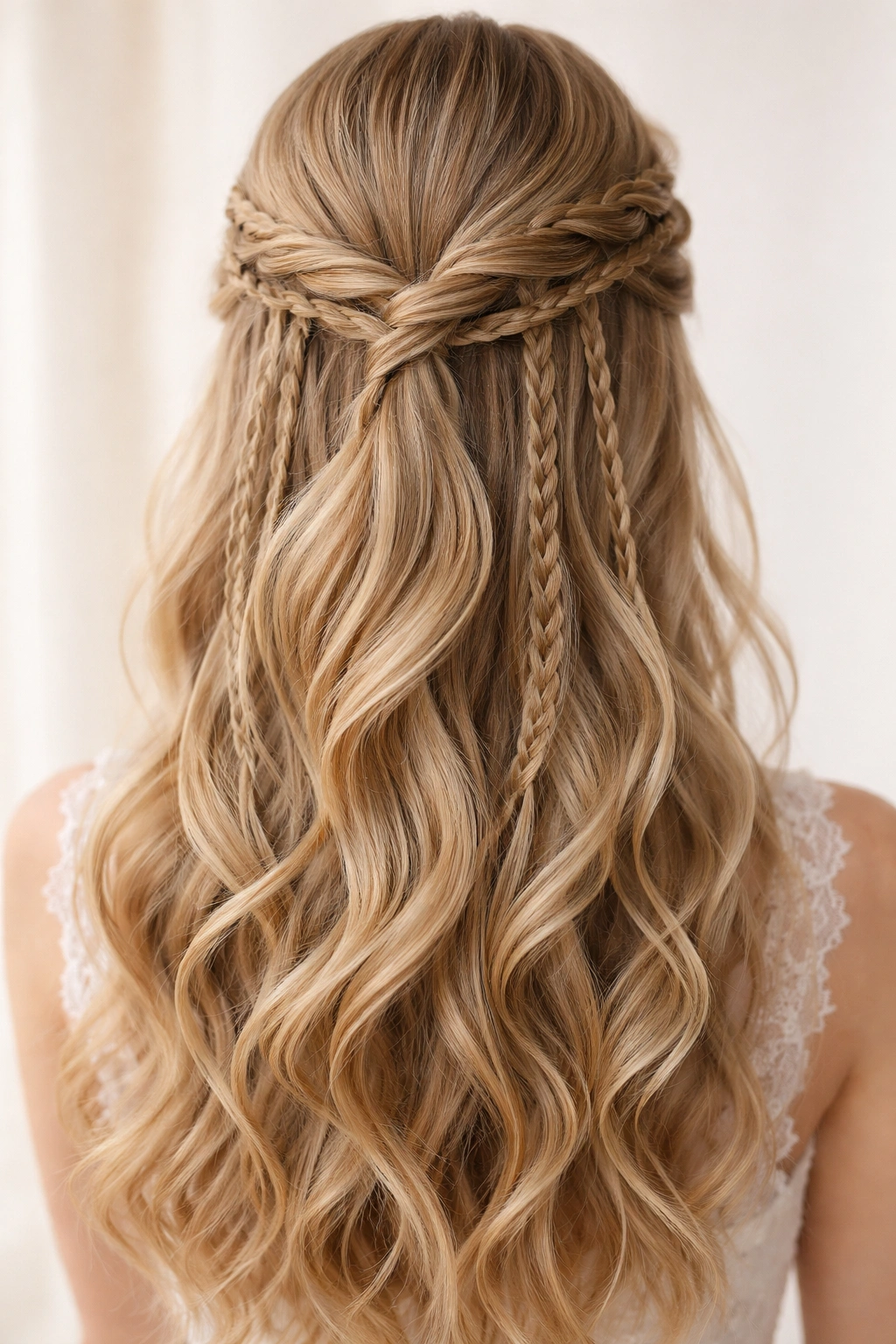 Twisted half-up with cascading braids forming a soft, romantic look