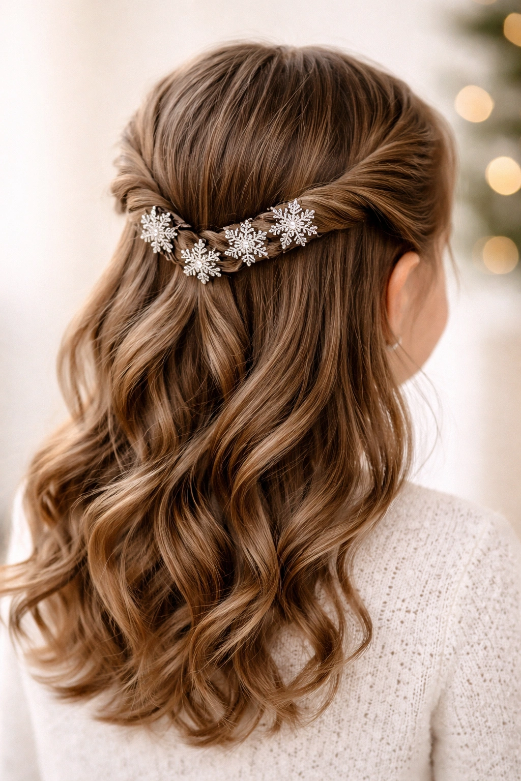 Twists secured at back with sparkly clips along the twists