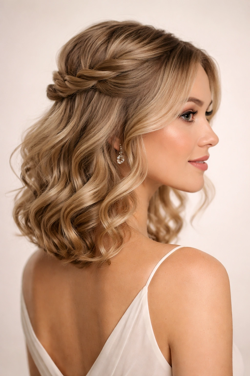 Twisted front sections in half-up style with curled ends