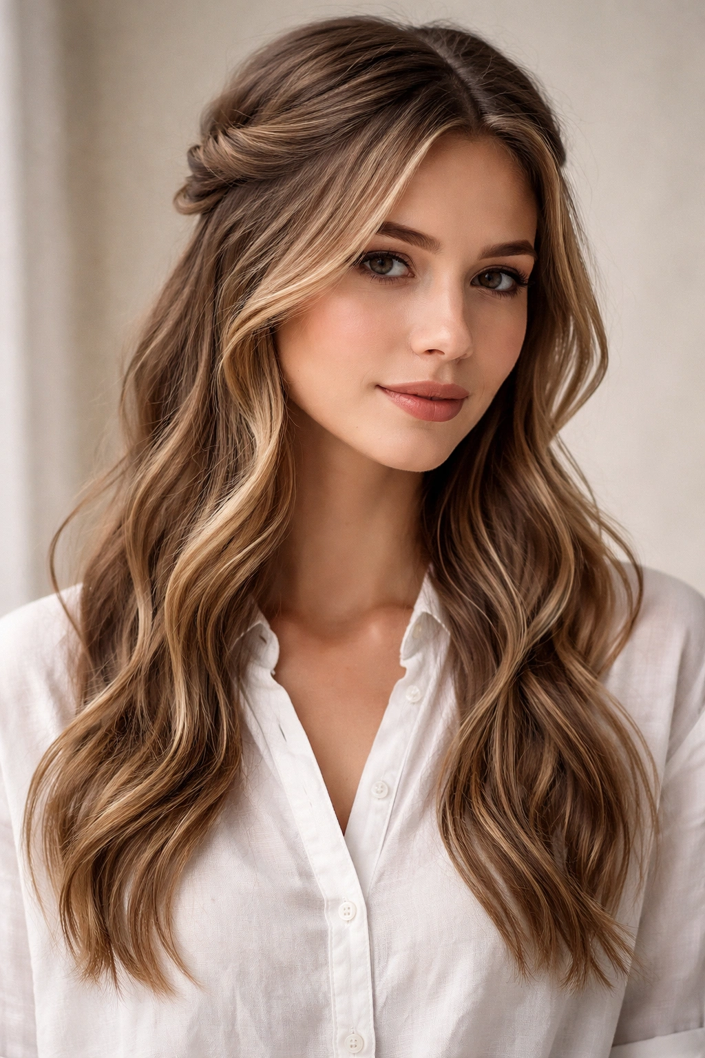 Twisted half-up hairstyle with delicate face-framing strands