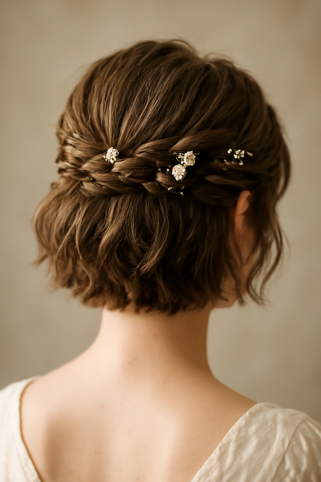 12 Bridal Updos Every Short-Haired Bride Should Try 5 Half-up twisted bridal hairstyle with flowers