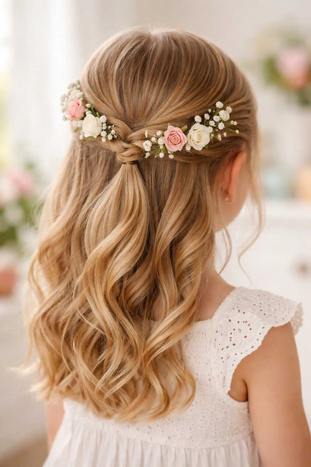 Close-up of a little girl's twisted half-up hairstyle with woven flowers