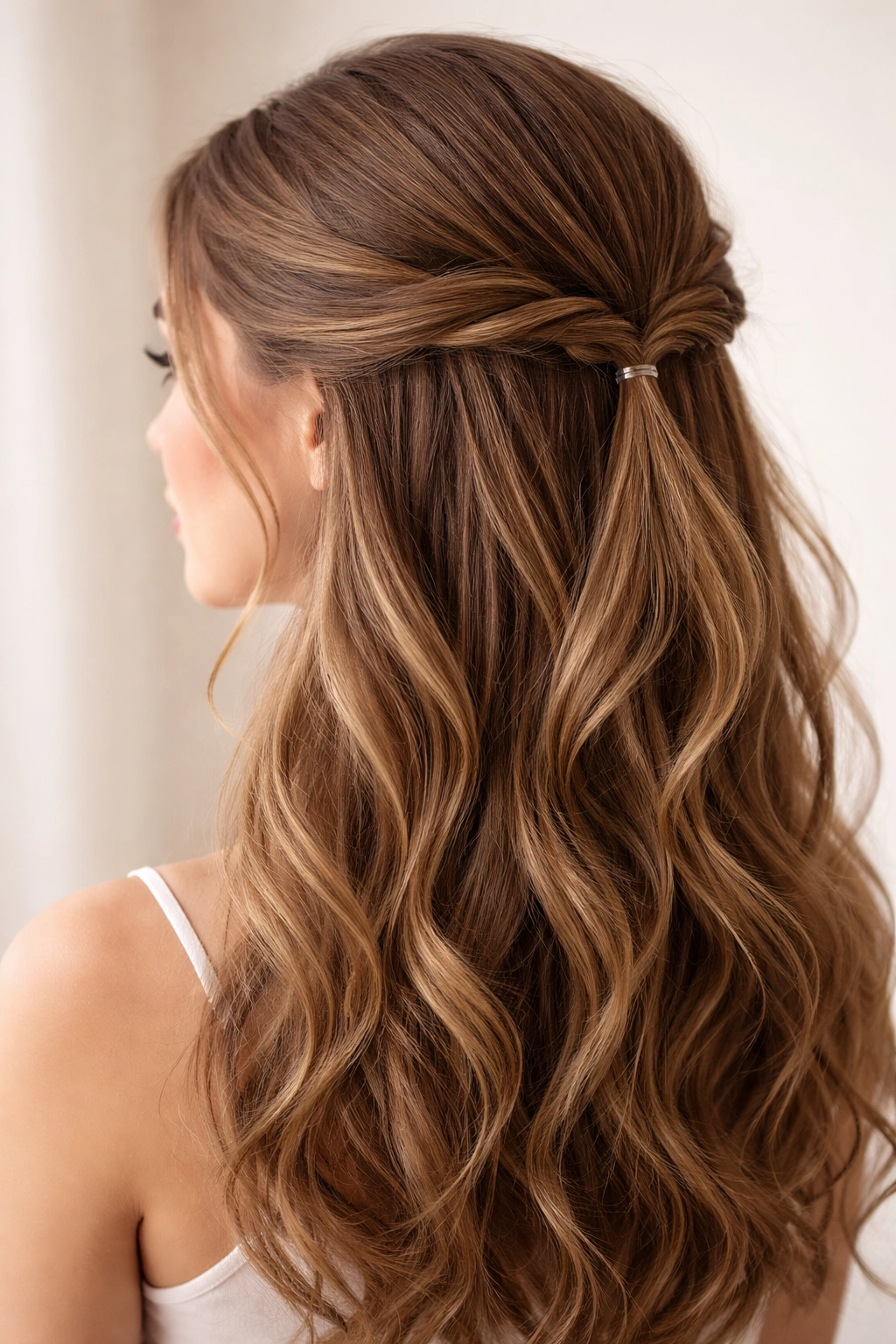 Close-up of twisted half-up hairstyle with center twist and loose waves