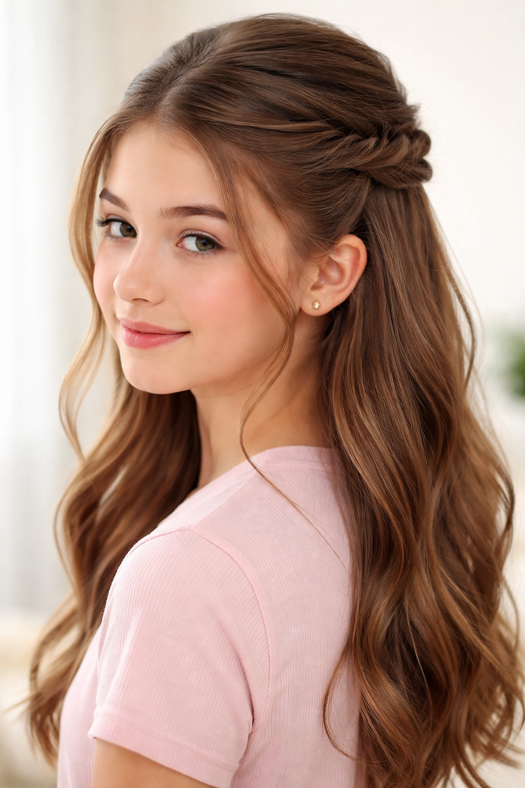 Half-up hairstyle with two twisted sections secured at back.