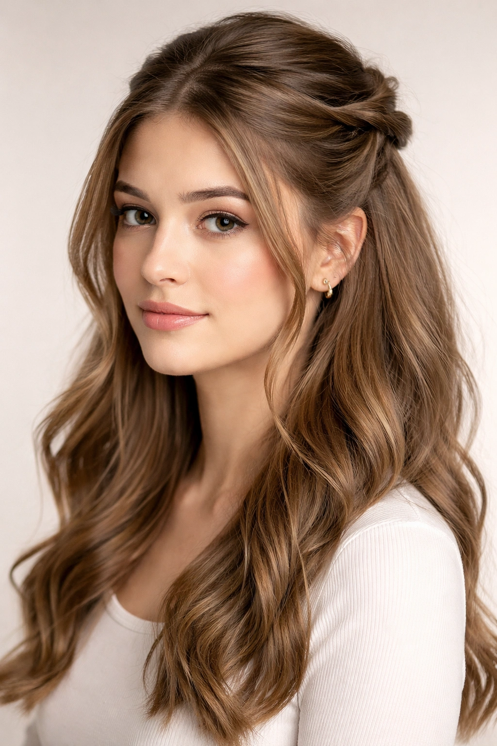 Twisted half-up hairstyle with two twisted sections meeting at the back