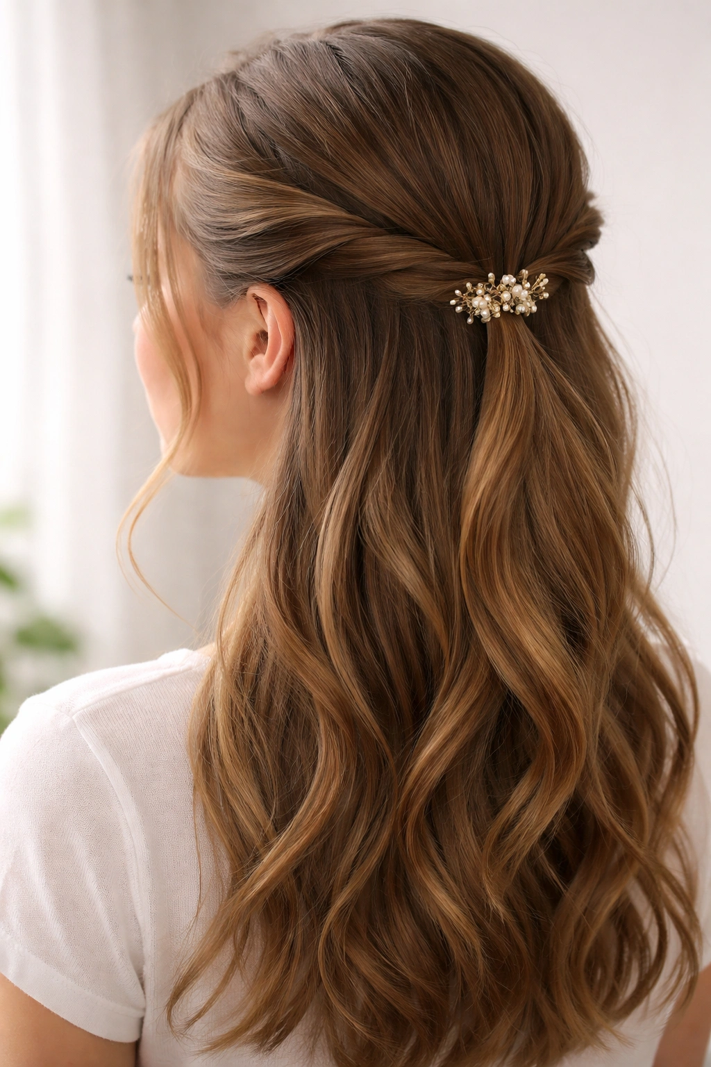 Close-up of twisted half-up hairstyle with back twist and clip