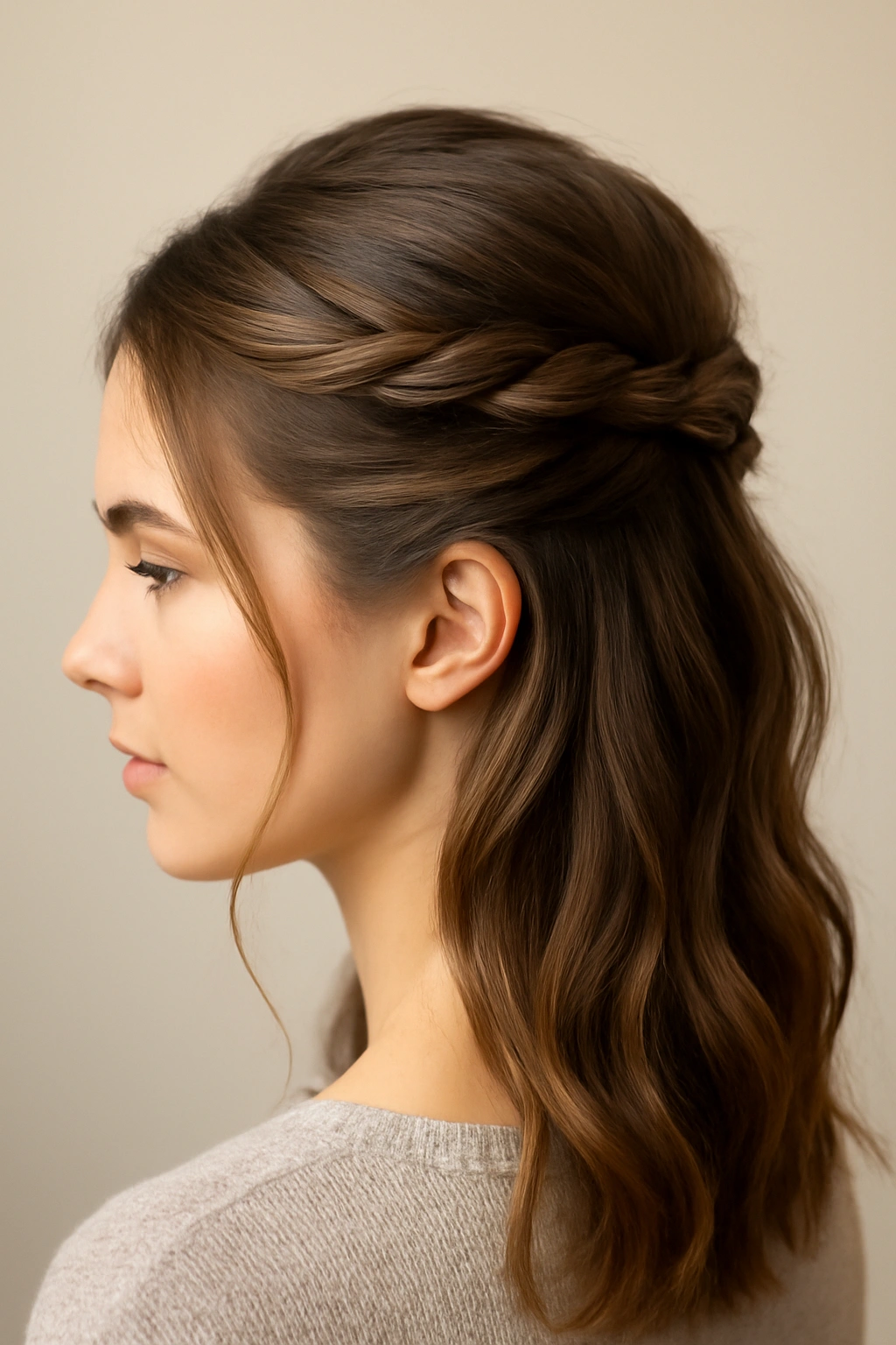 Twisted half-up style with two side twists meeting at the back