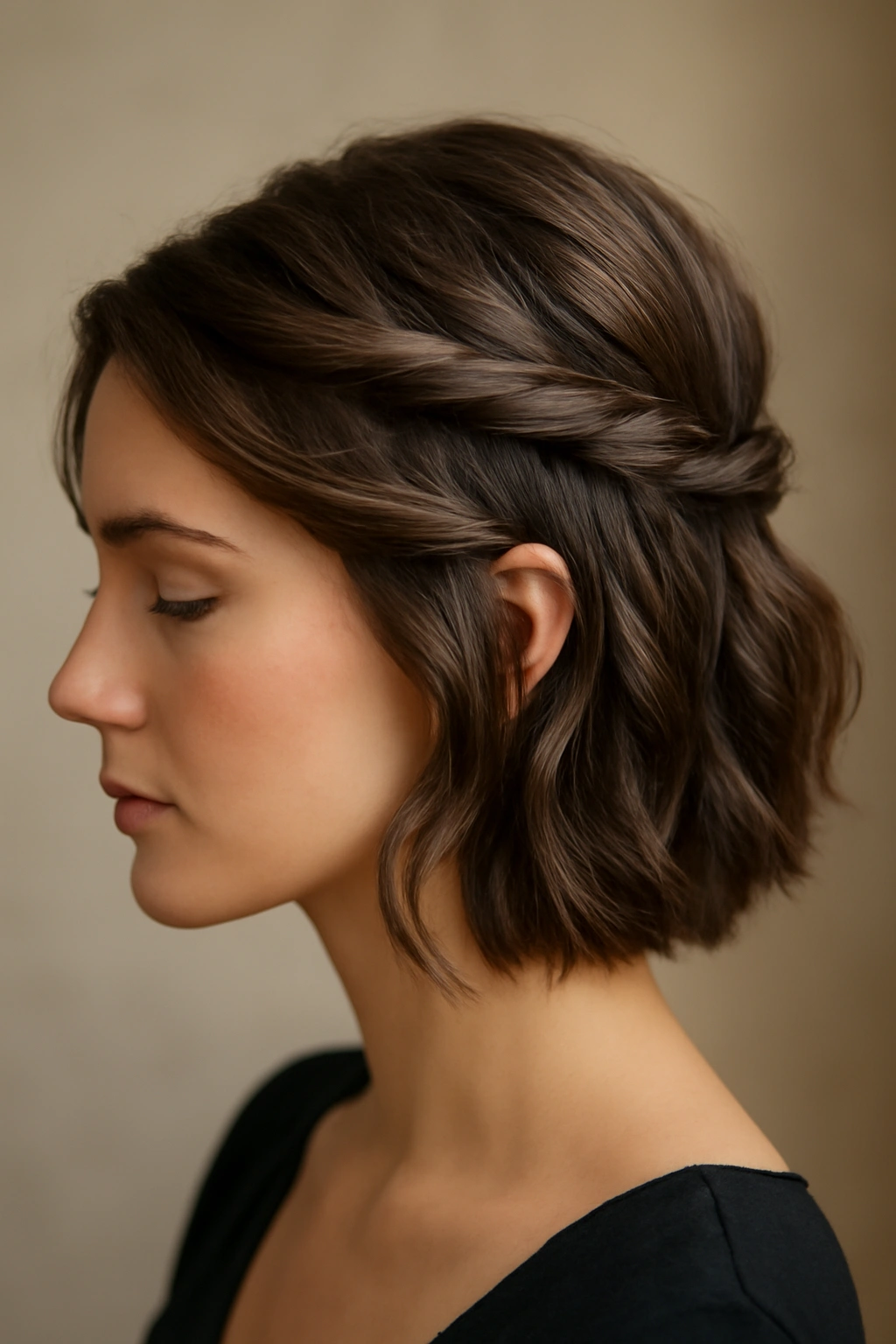 10 Gorgeous Night Out Hairstyles for Short Hair 5 Twisted half-up hairstyle with hidden pins and soft framing