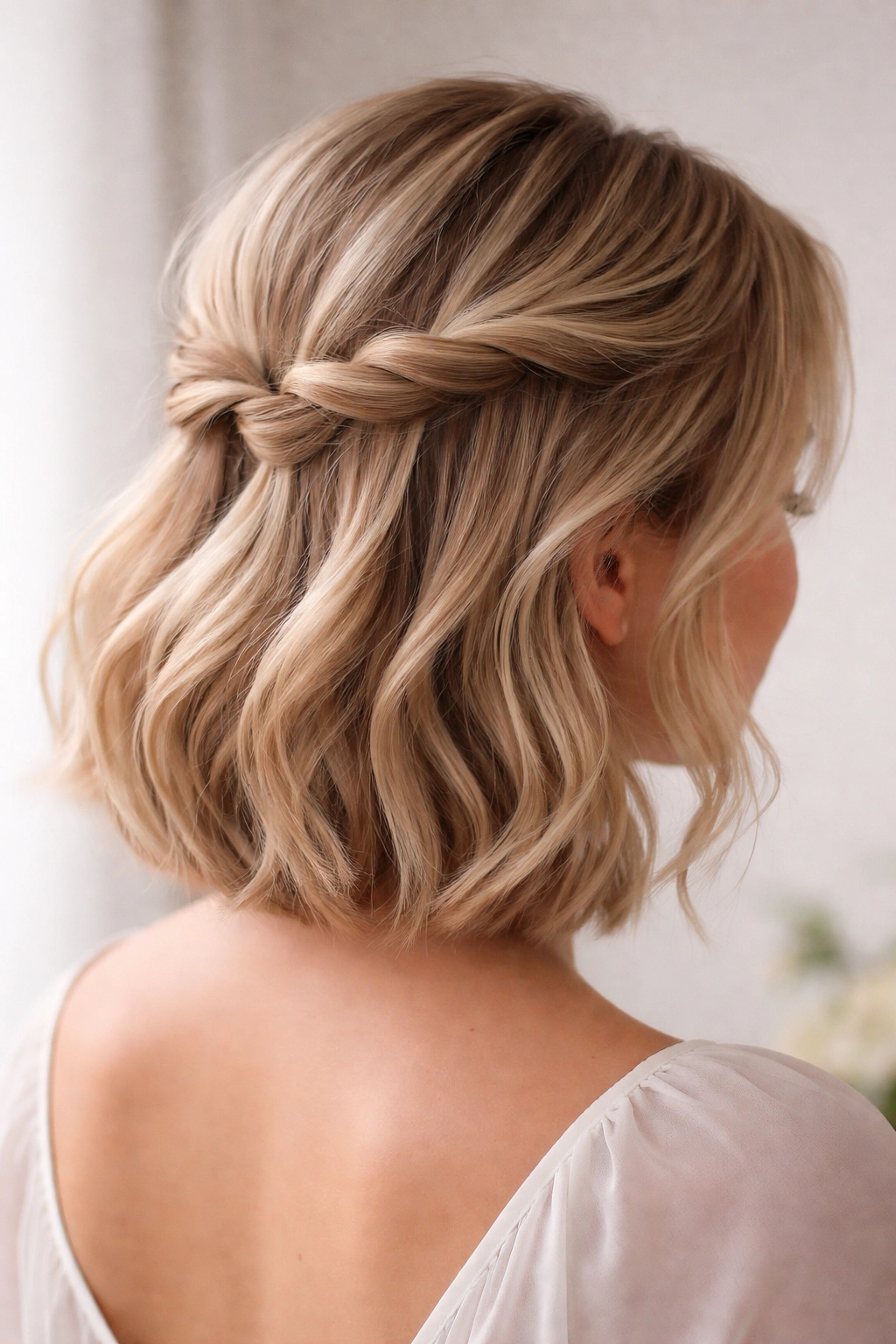 Side-back view of Twisted Half-Up Half-Down on short hair