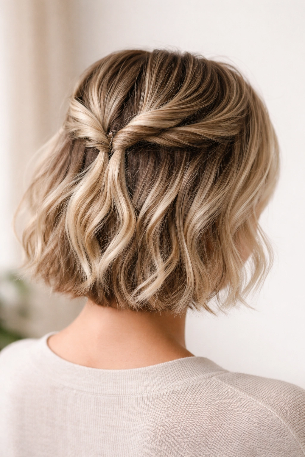 Close-up of a short hairstyle with two twists pinned at the crown