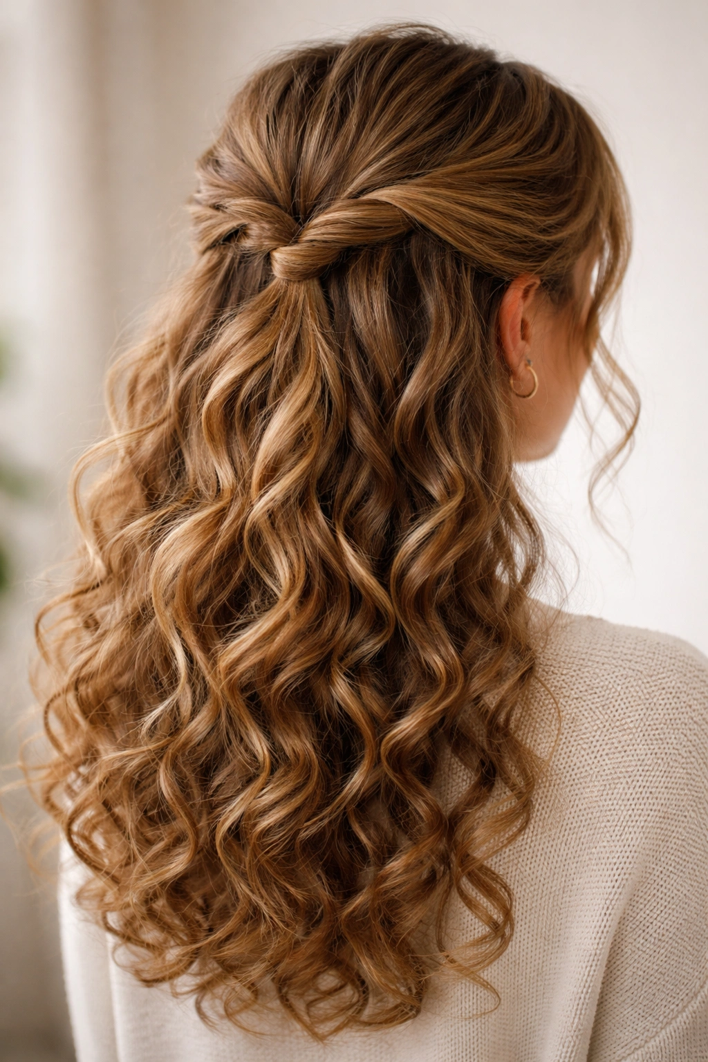 Three-quarter view of Twisted Half-Up Style showing twists secured at the back
