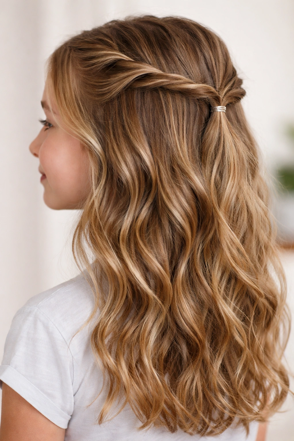 Close-up of tween head with two back twists in half-up style on textured waves
