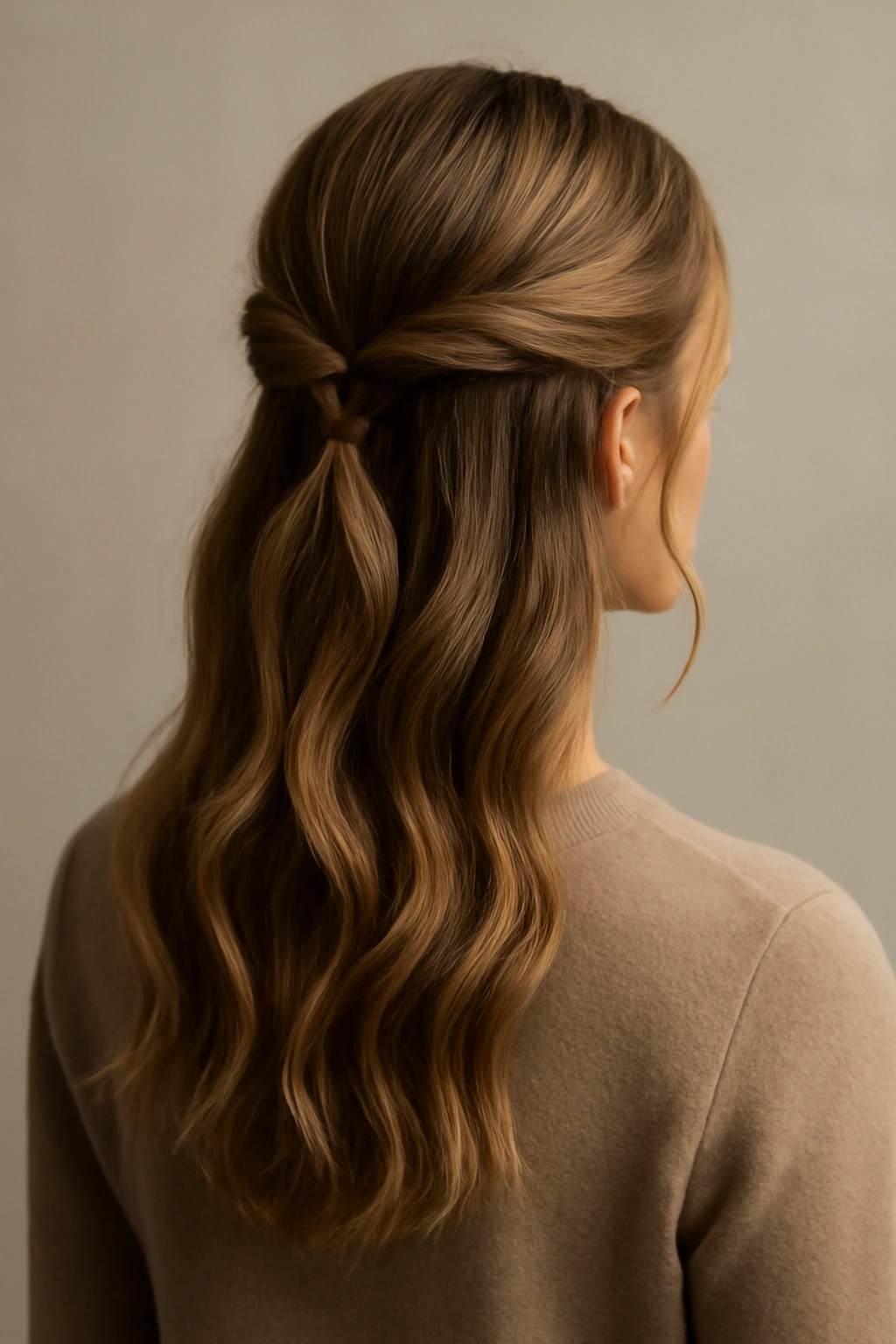 Twisted half-up with loose waves showing two twists meeting at back