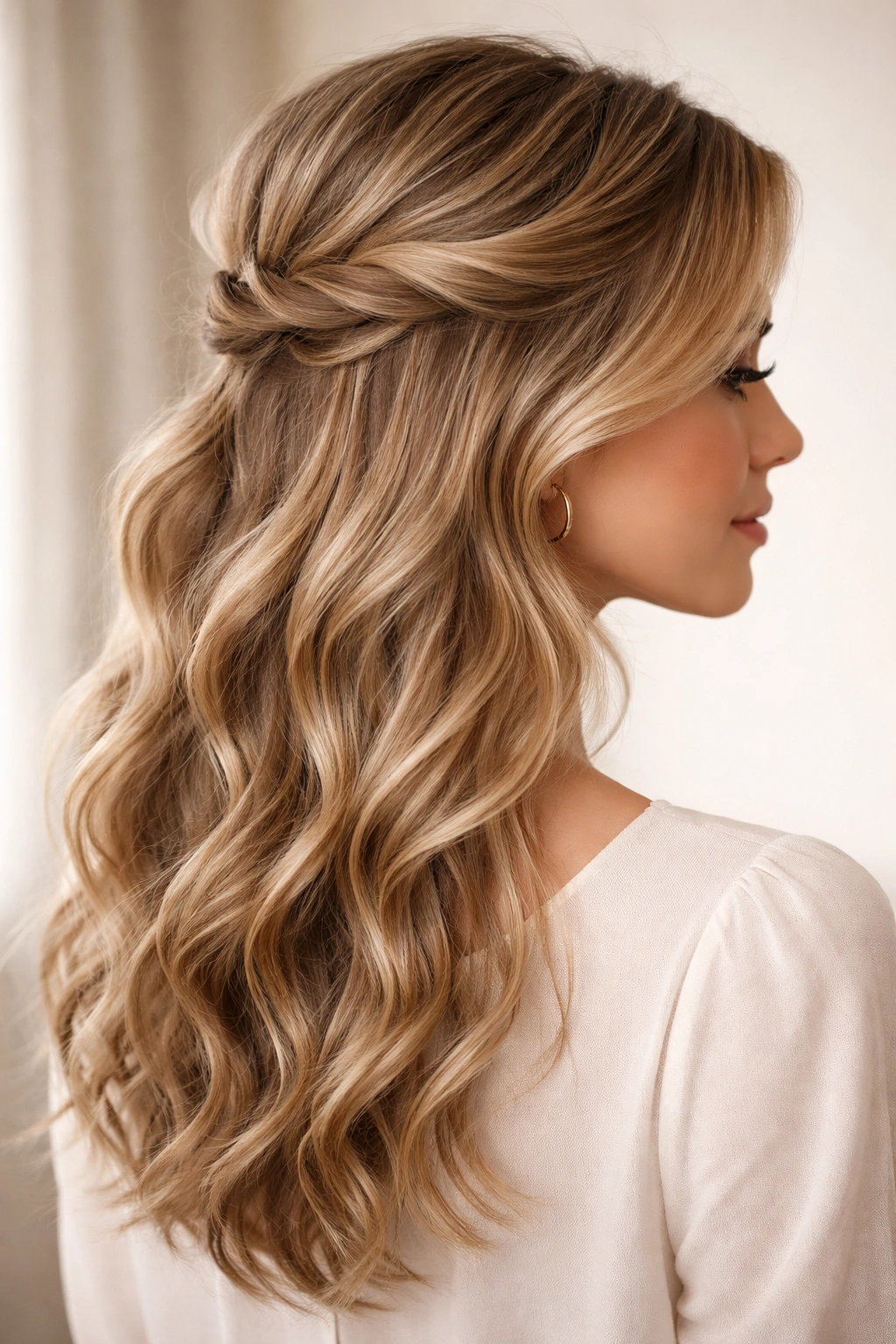 Twisted half-up hairstyle with tucked-in waves