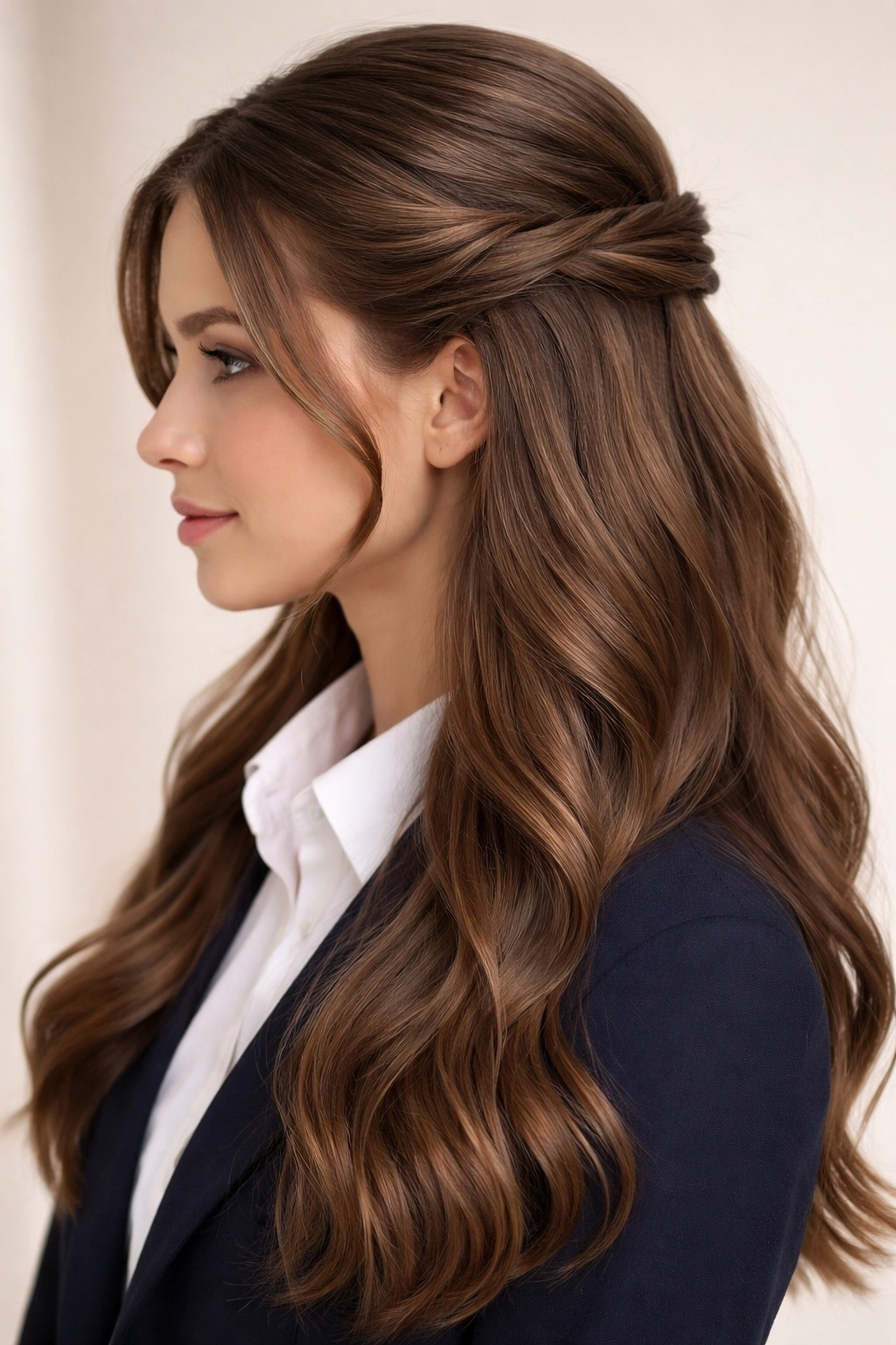 Half-up twisted hairstyle with face-framing sides and loose waves