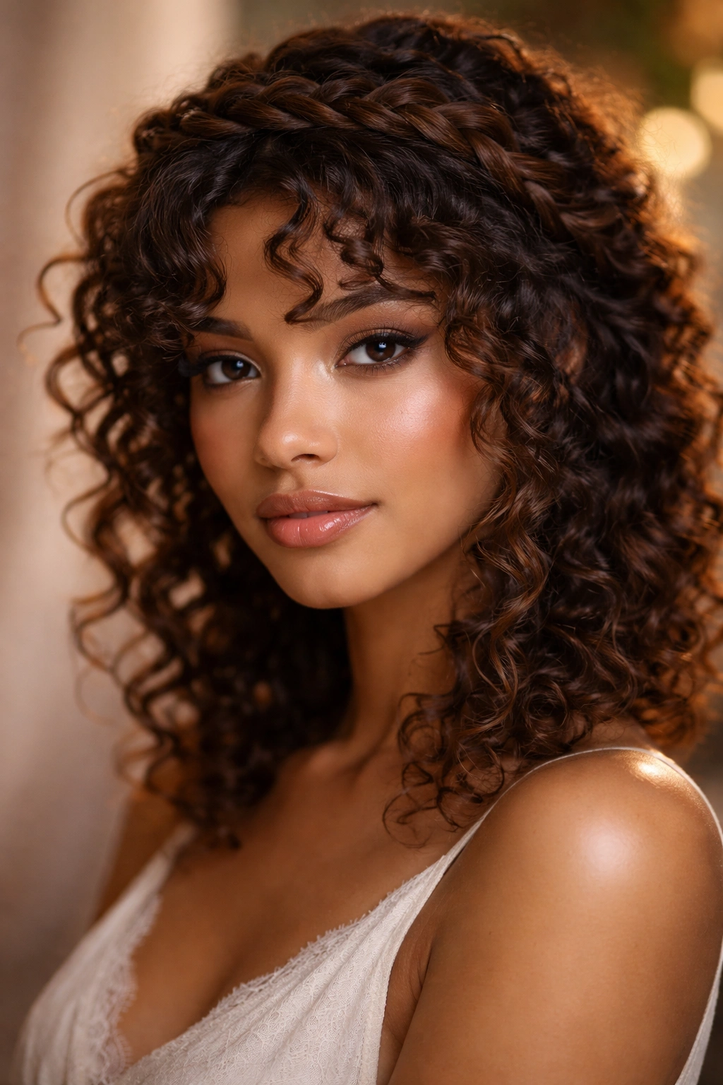 Twisted halo fringe with crown-like twists and framing curls