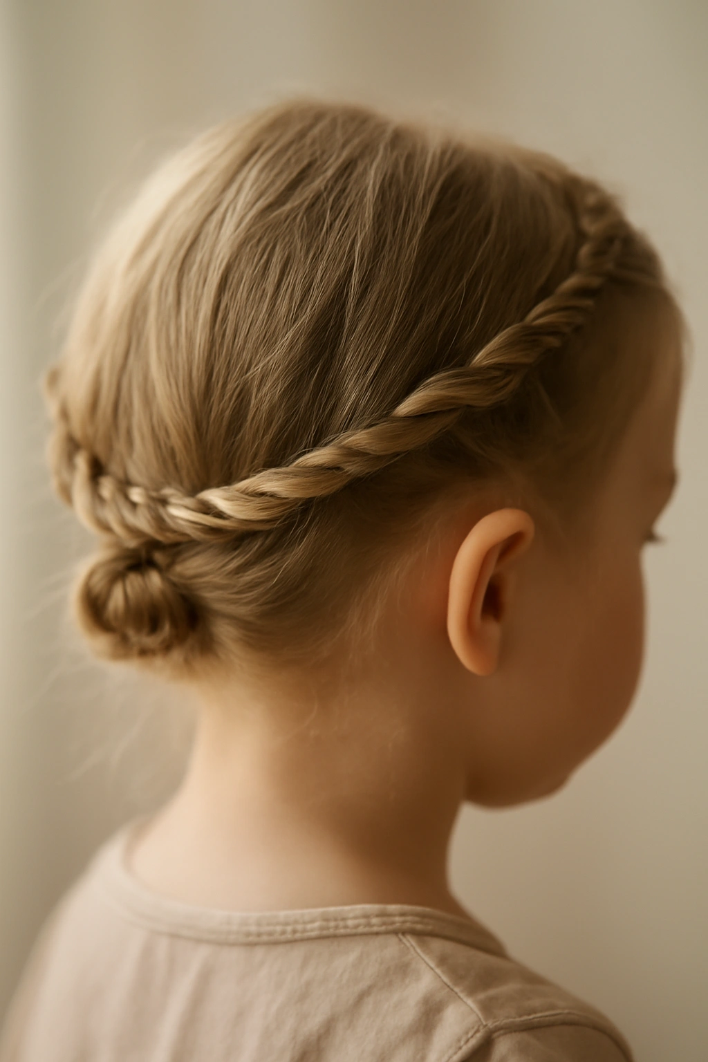 18 Braided Toddler Hairstyles That Won't Come Undone 13 Close-up of toddler twisted halo hairstyle with ends wrapped around the crown