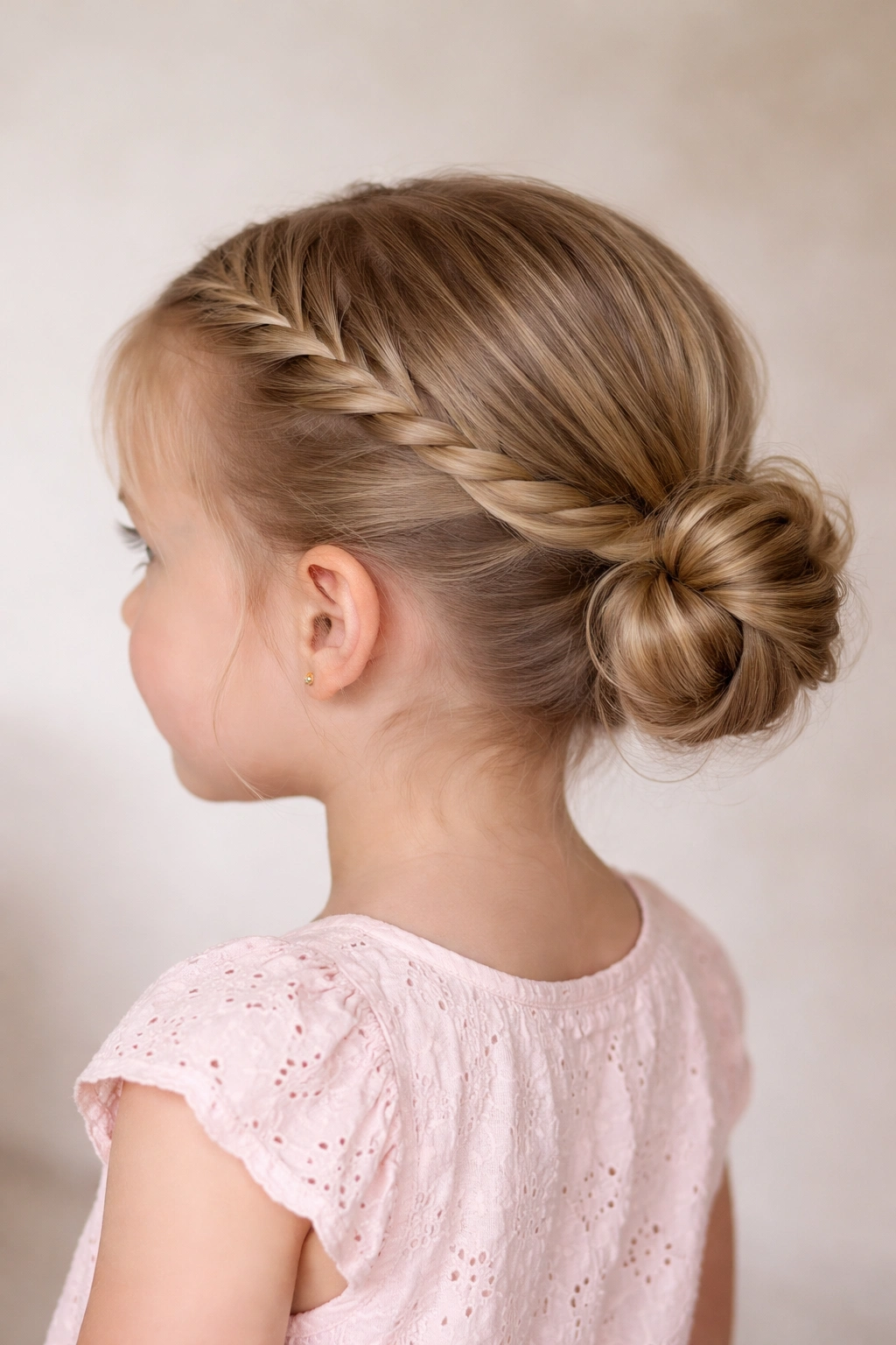 Toddler hairstyle with twisted headband twists and a back bun.