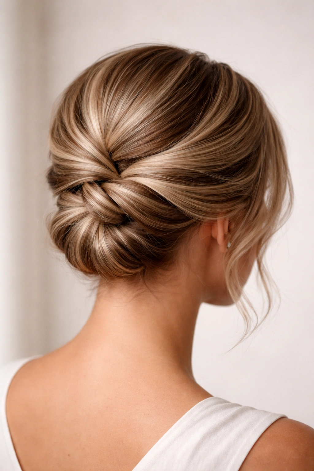Twisted knot updo on short hair with intertwined twists