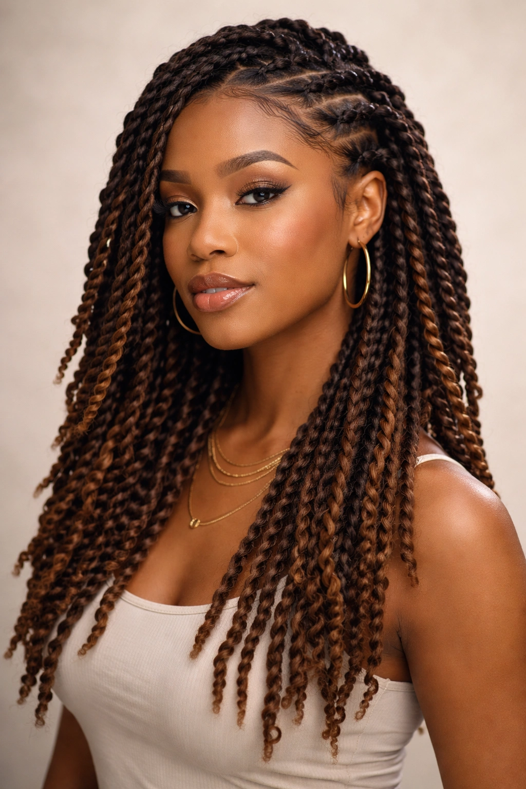 Twisted locs with rope-like spirals along the hair length