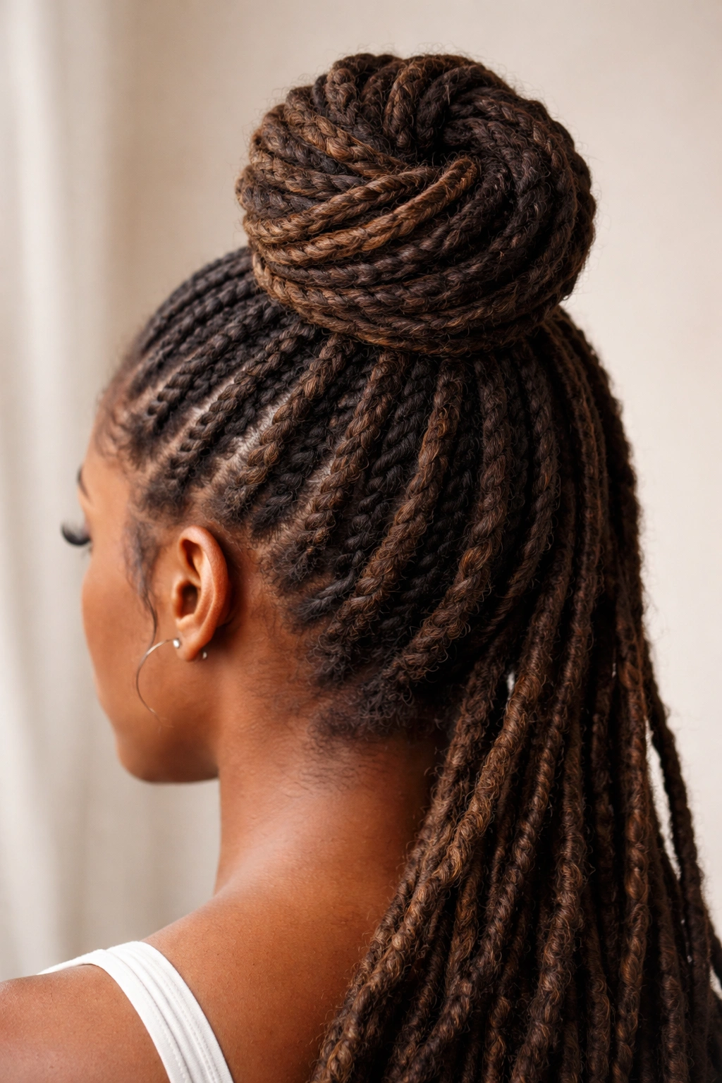 20 Dreadlock Styles For Women At Every Hair Length 1 Close-up of twisted dread top knot with spiraling locs around the crown