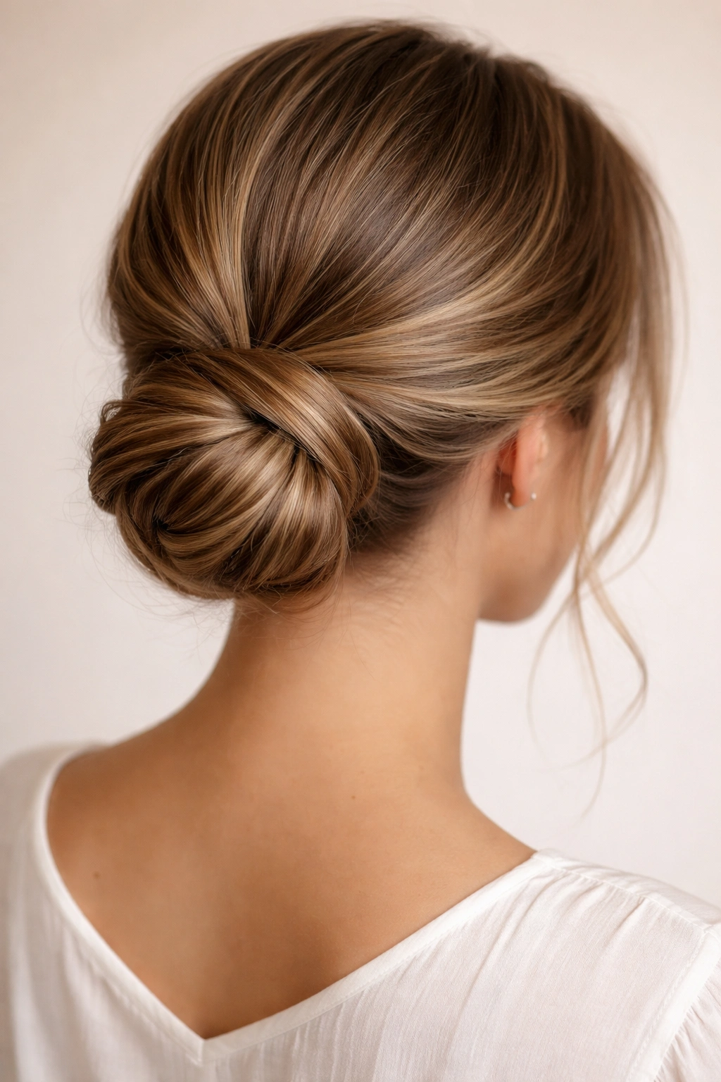 Twisted low bun at the nape with rope-like twist and neat finish