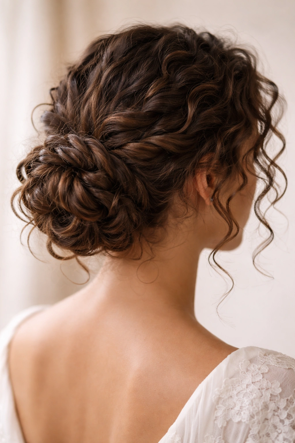 Twisted low bun on curly hair with textured twists
