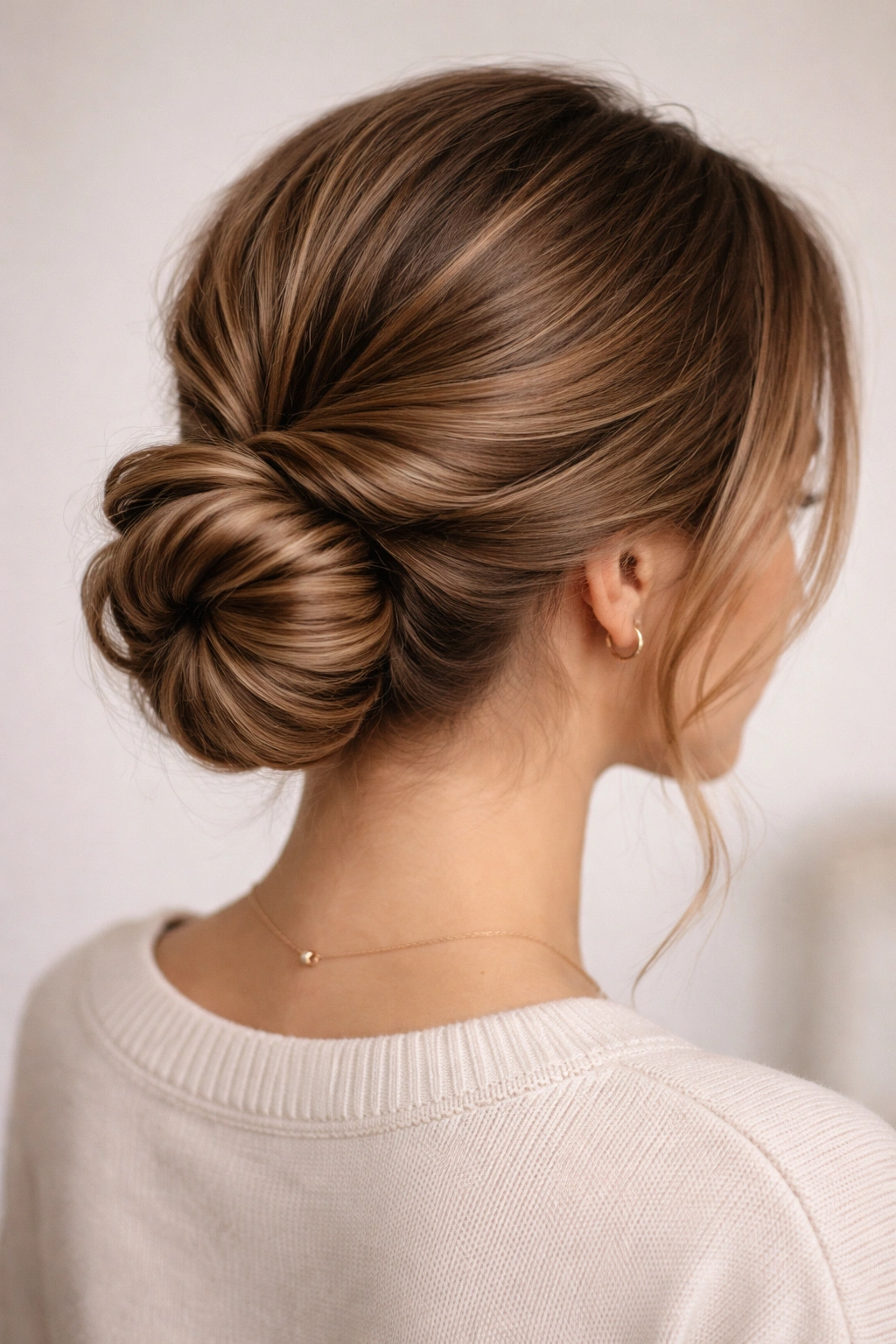 Twisted low bun hairstyle viewed from back and side