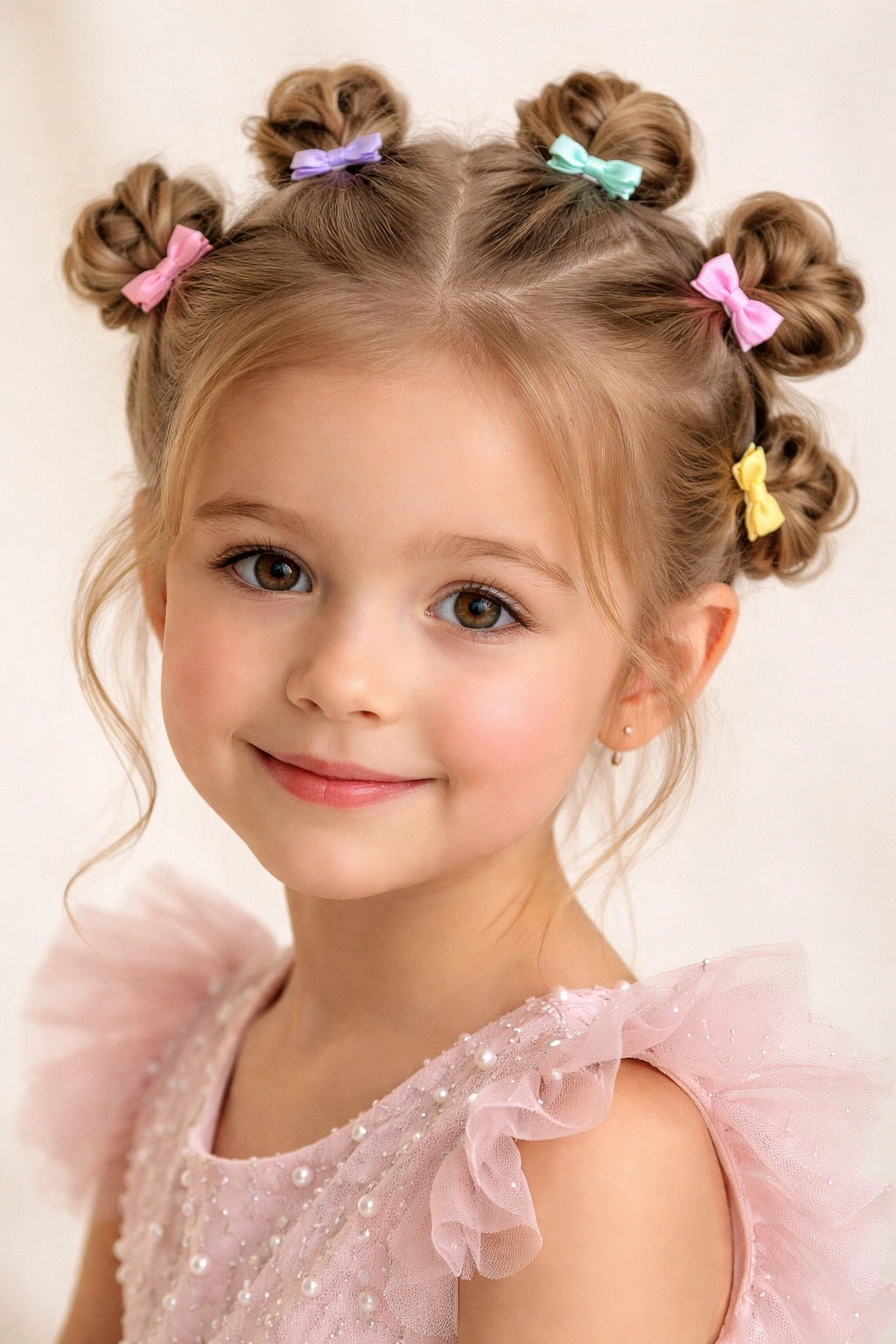 Close-up of a child's head showing six twisted mini buns with colorful elastics for a birthday hairstyle
