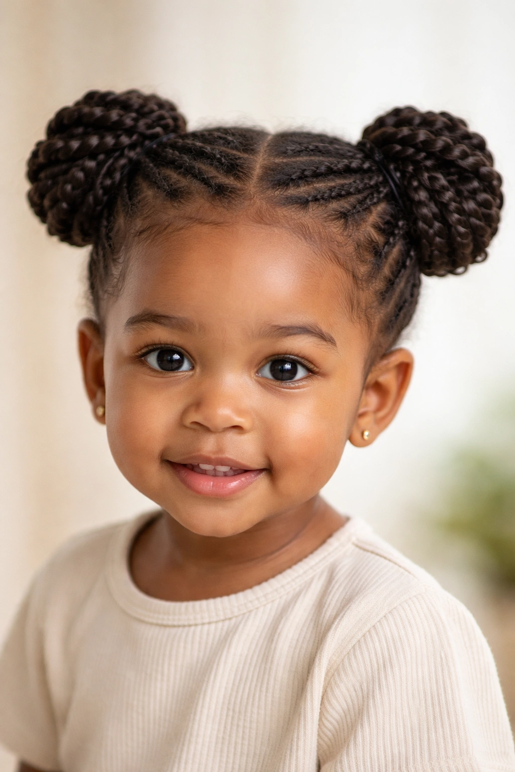 Close-up of toddler with two twisted pigtail buns on each side of the head