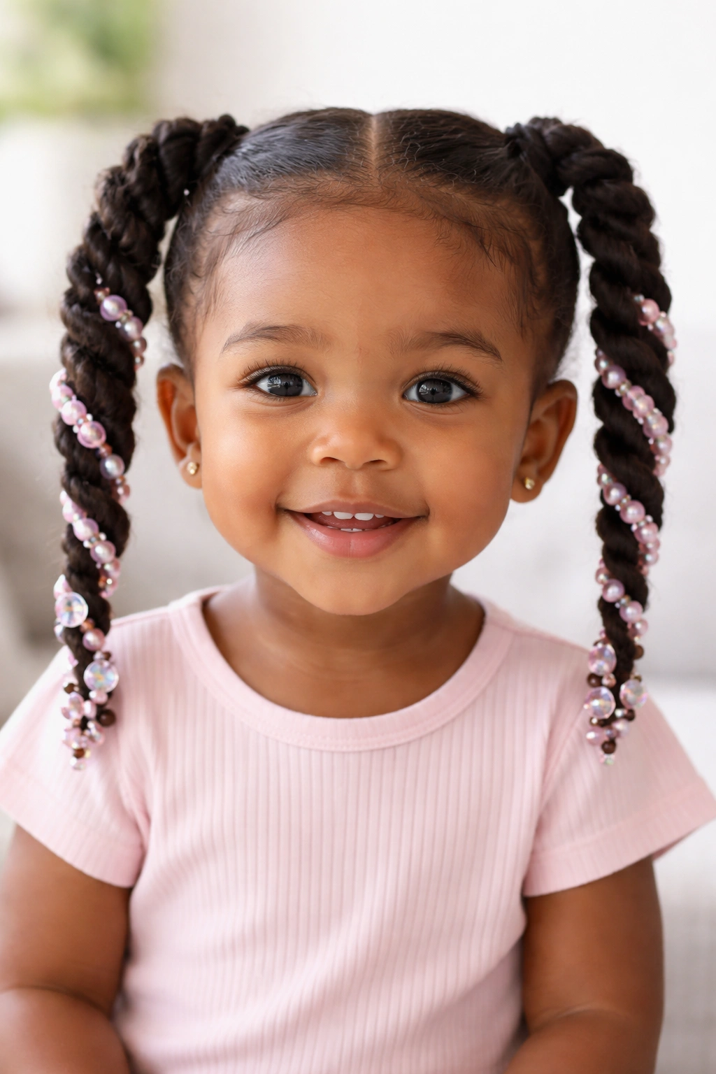 Twisted pigtails with beaded spirals on toddler hair