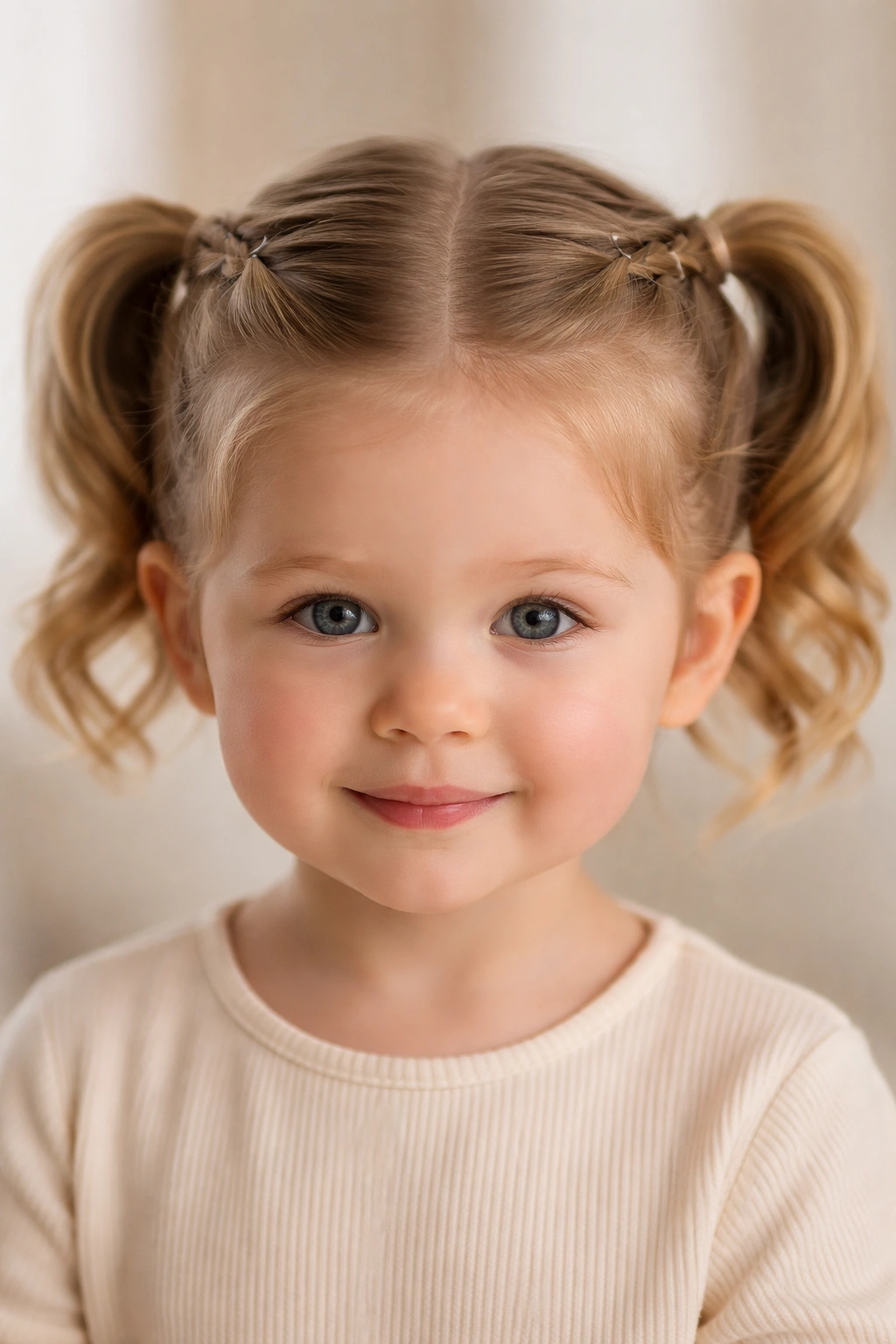 Front view of toddler with twisted pigtails anchored by bobby pins.