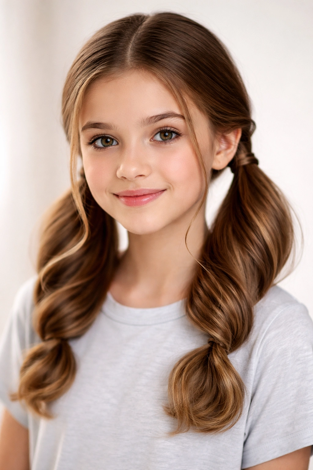Two low twisted pigtails behind the ears with rope texture