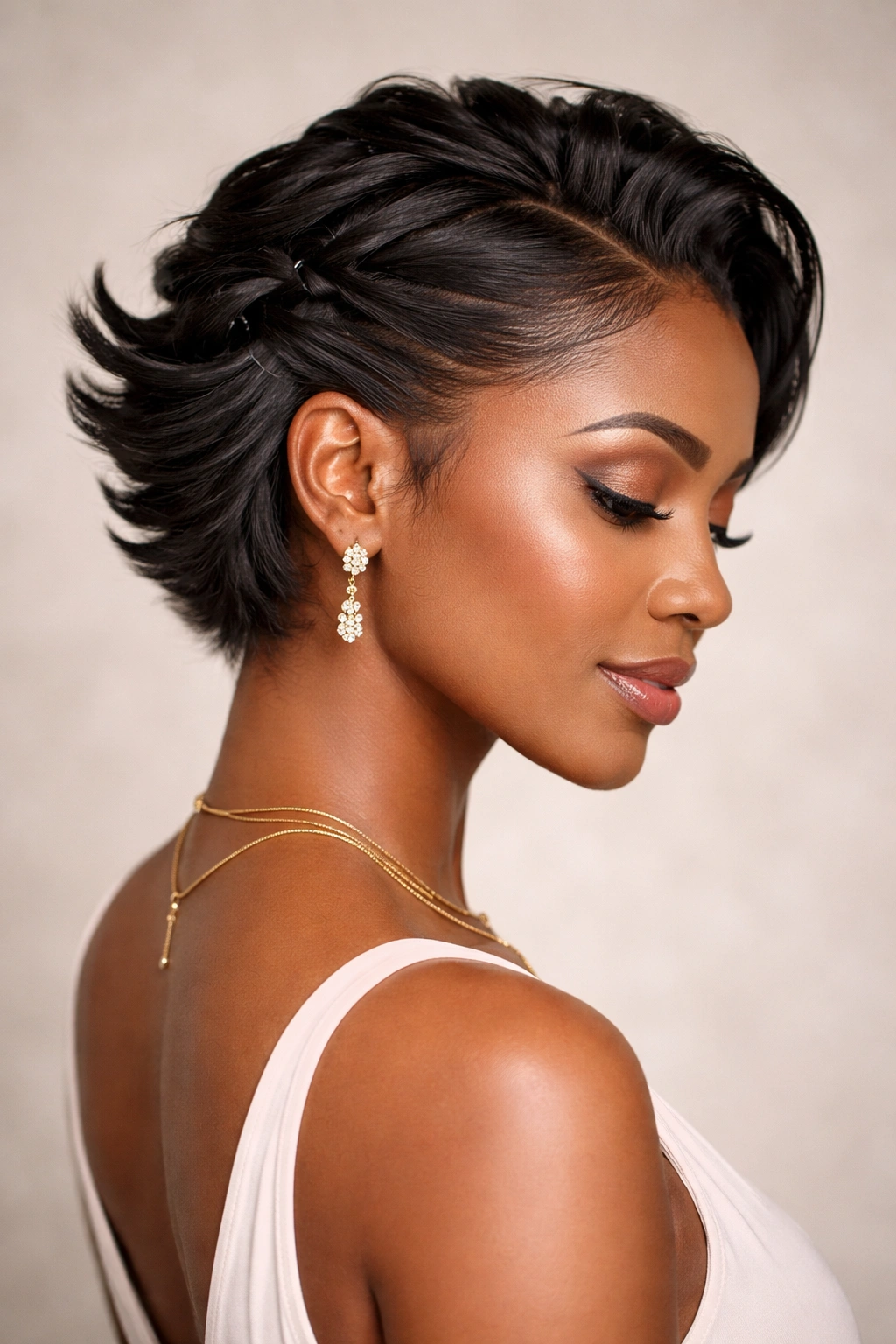 Portrait of a Black woman with twisted pinned-back sections flipping away from the face.