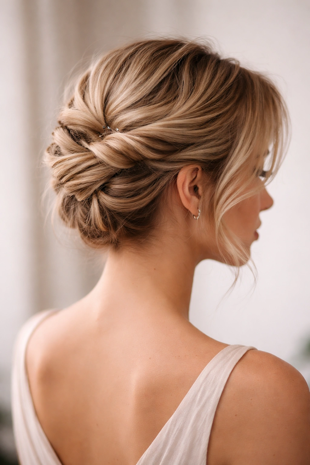 Back view of short hair twisted and pinned into an elegant updo.