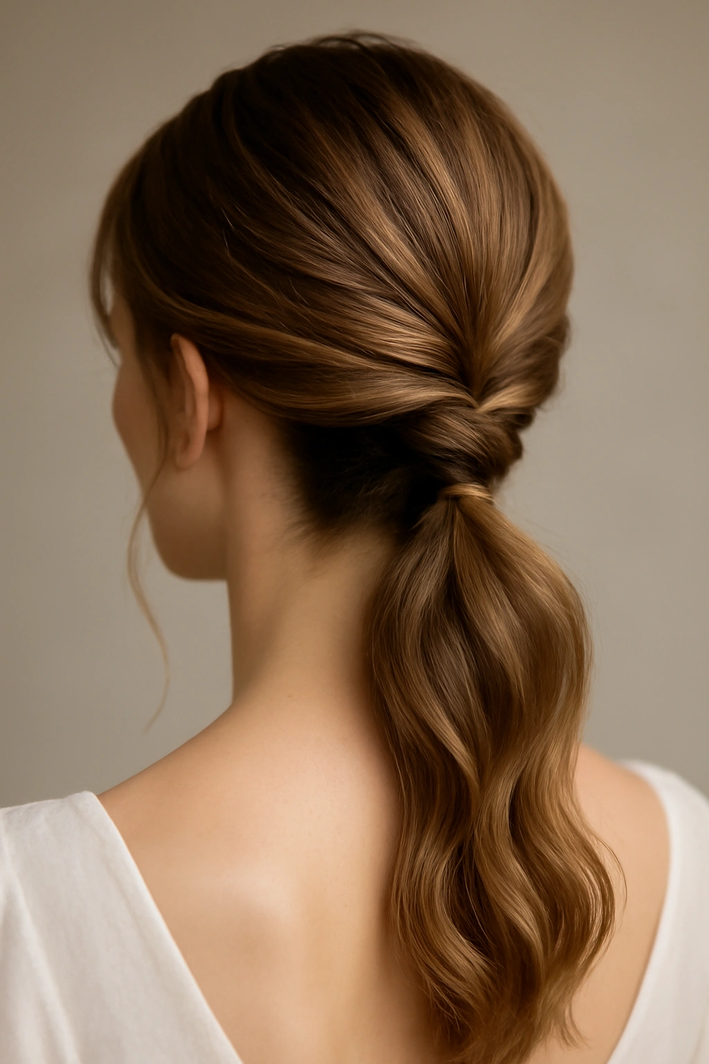 Twisted low ponytail with textured twists and wrapped elastic