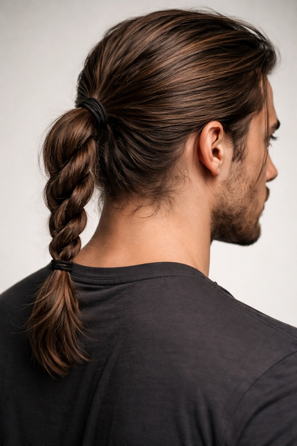 Close-up portrait of a man with a rope-like twisted ponytail