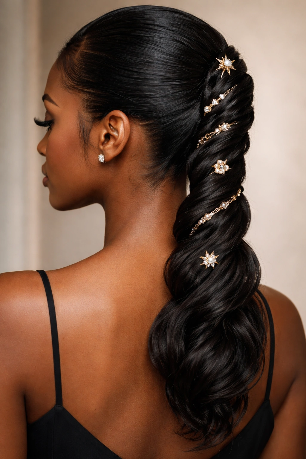 Close-up of a twisted ponytail with decorative pins integrated into the twist