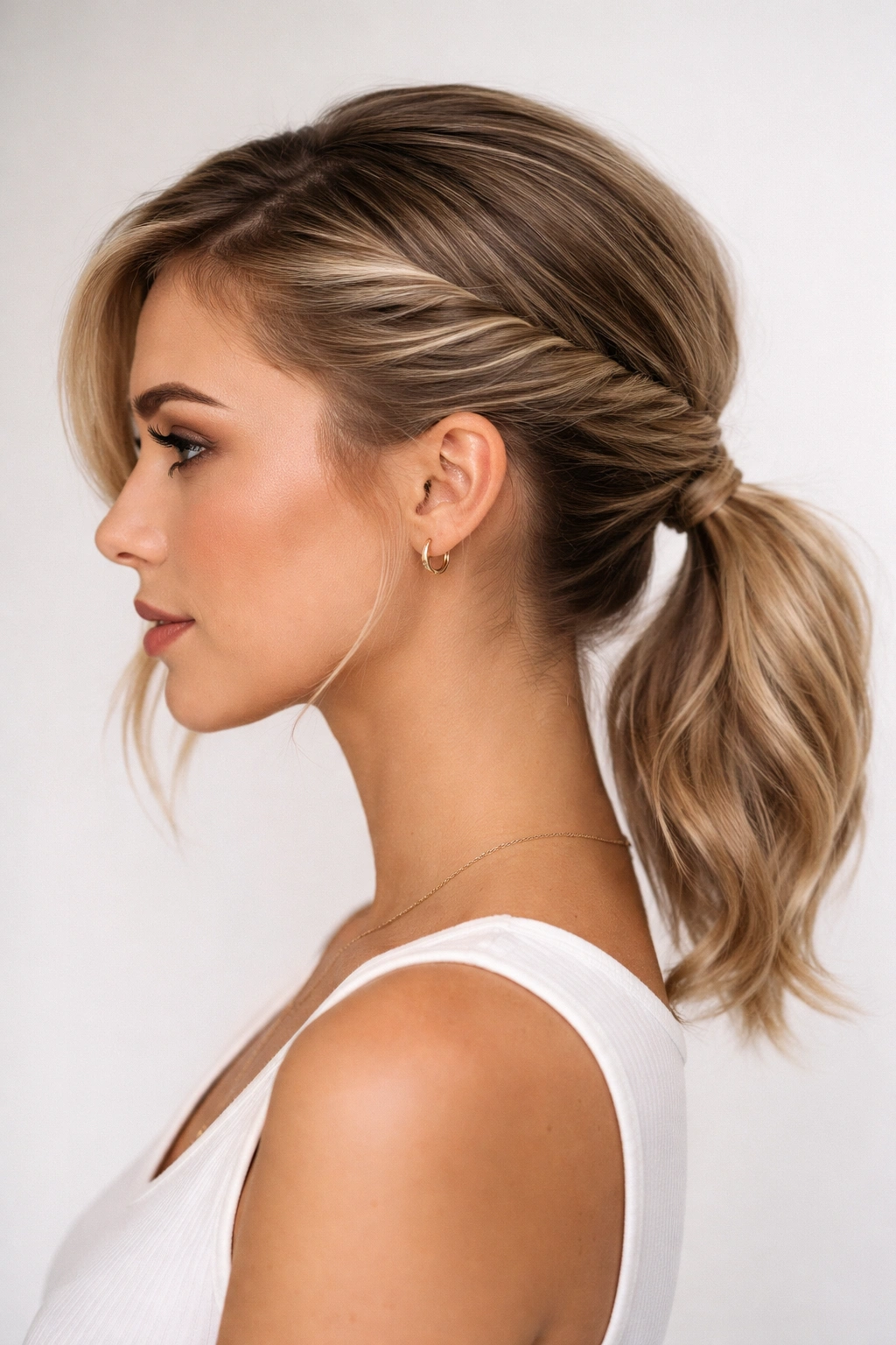 Side view of a deep-part twisted ponytail along the head