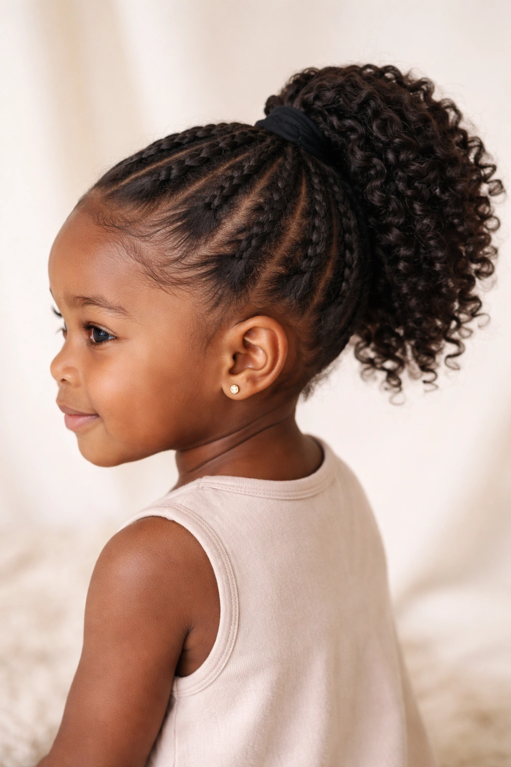 Toddler with a high twisted ponytail showing twist details