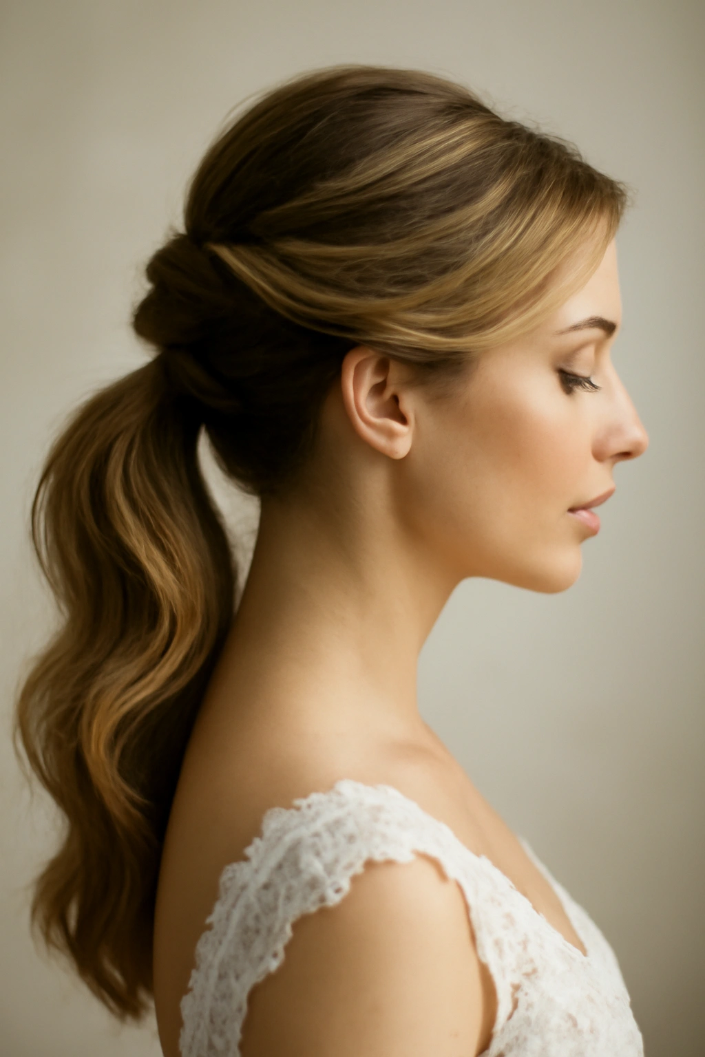 8 Soft and Romantic Updos Perfect for Your Wedding 8 Close-up of swept-back twisted ponytail updo with side sweep