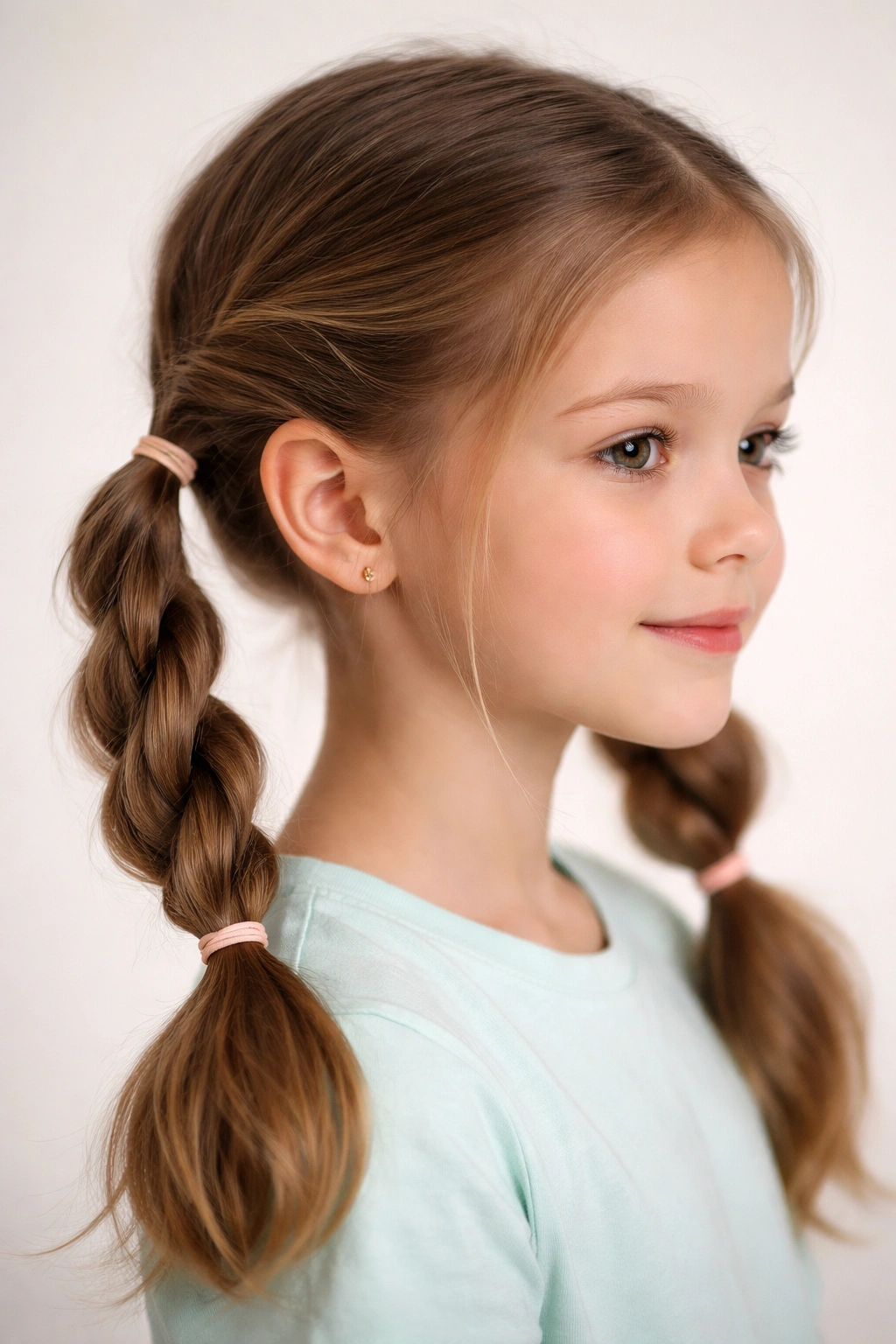 Close-up side profile of a girl with two rope-twisted ponytails behind each ear