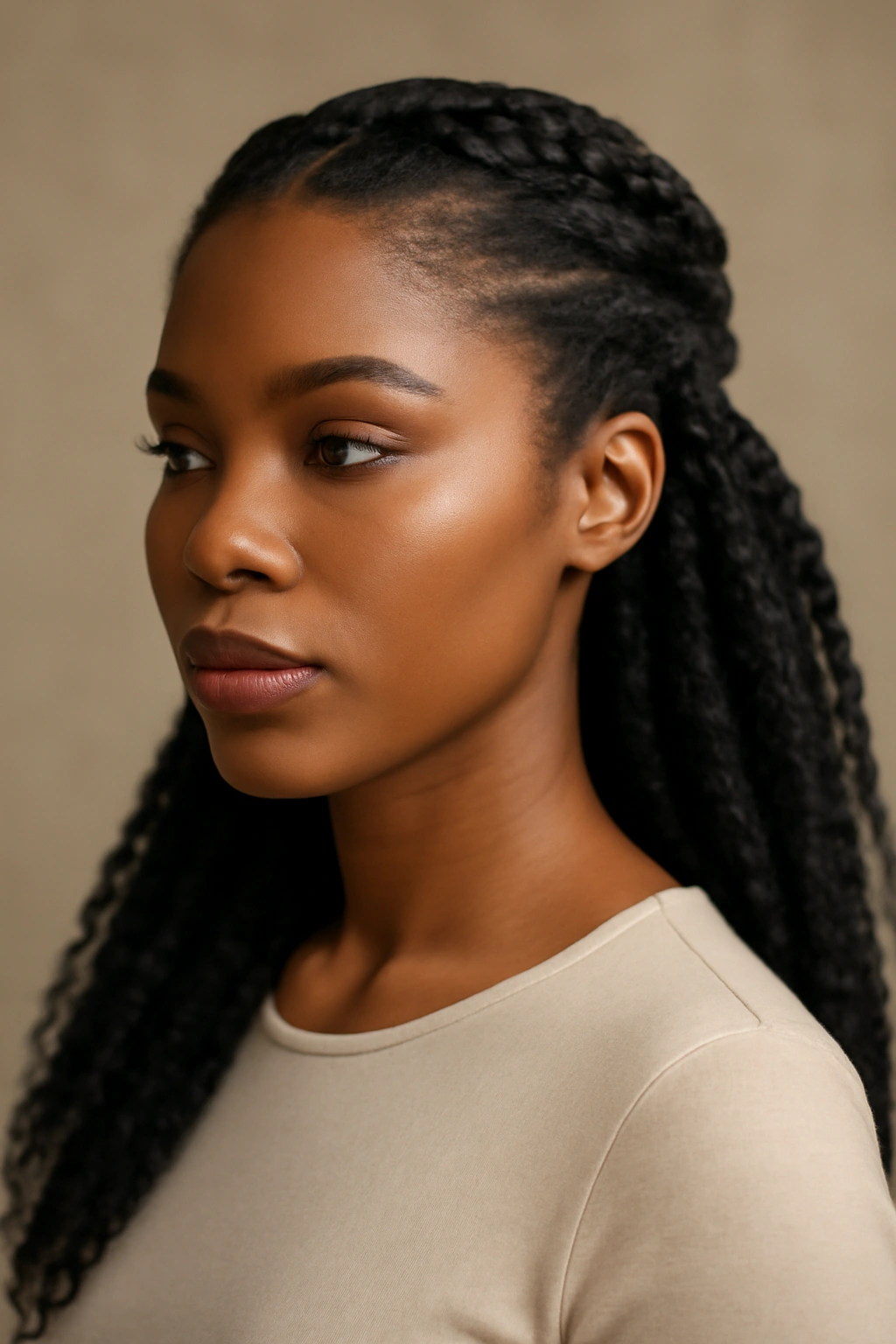 10 Pushback Hairstyles Black Women Can't Stop Wearing 4 Close-up portrait of a Black woman with two-strand twists pulling back to frame the face.