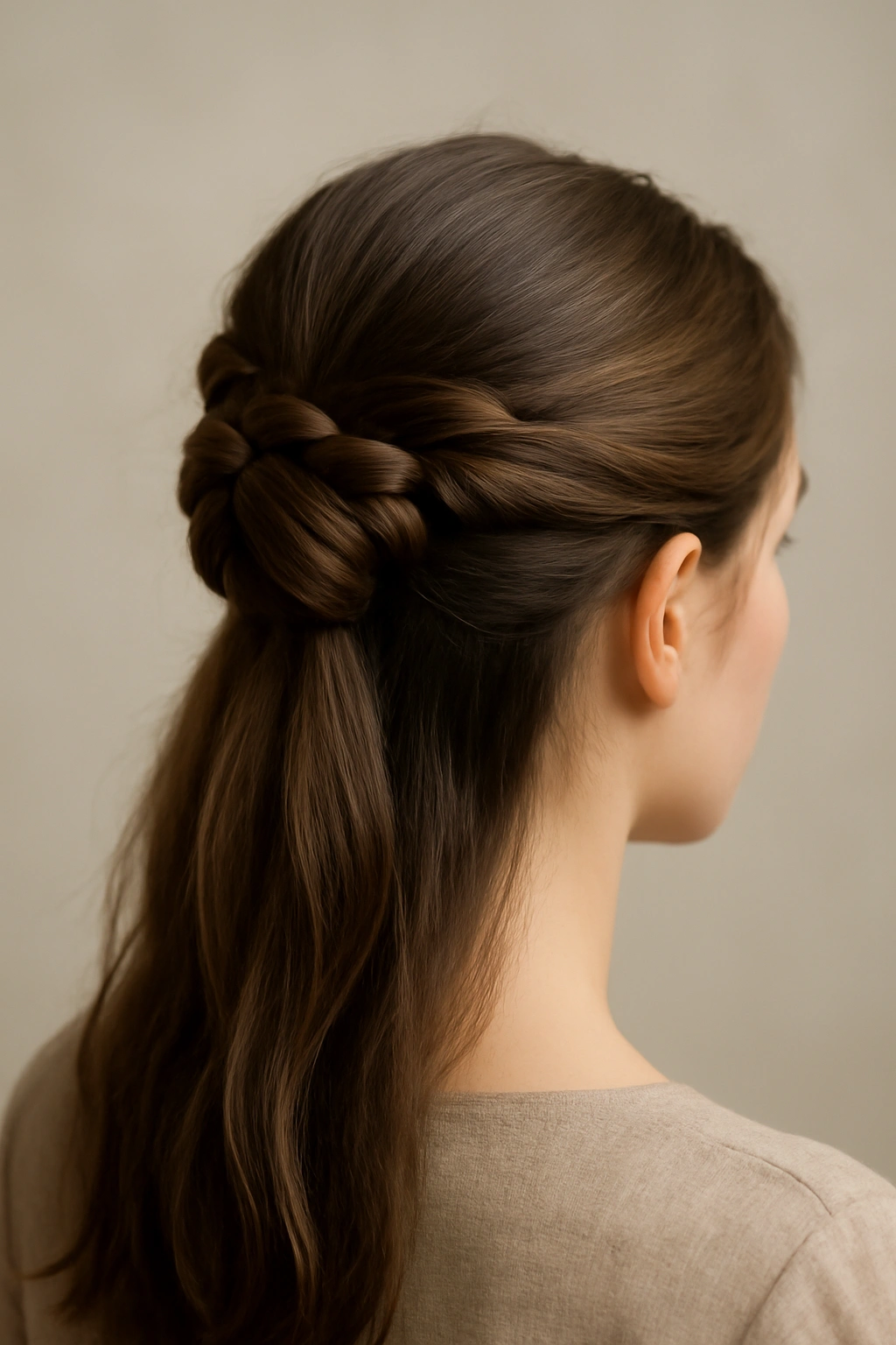 12 Easy Half Up Hairstyles for Work or Weekends 7 Close-up of Twisted Ribbons Half Bun with woven ribbon at crown
