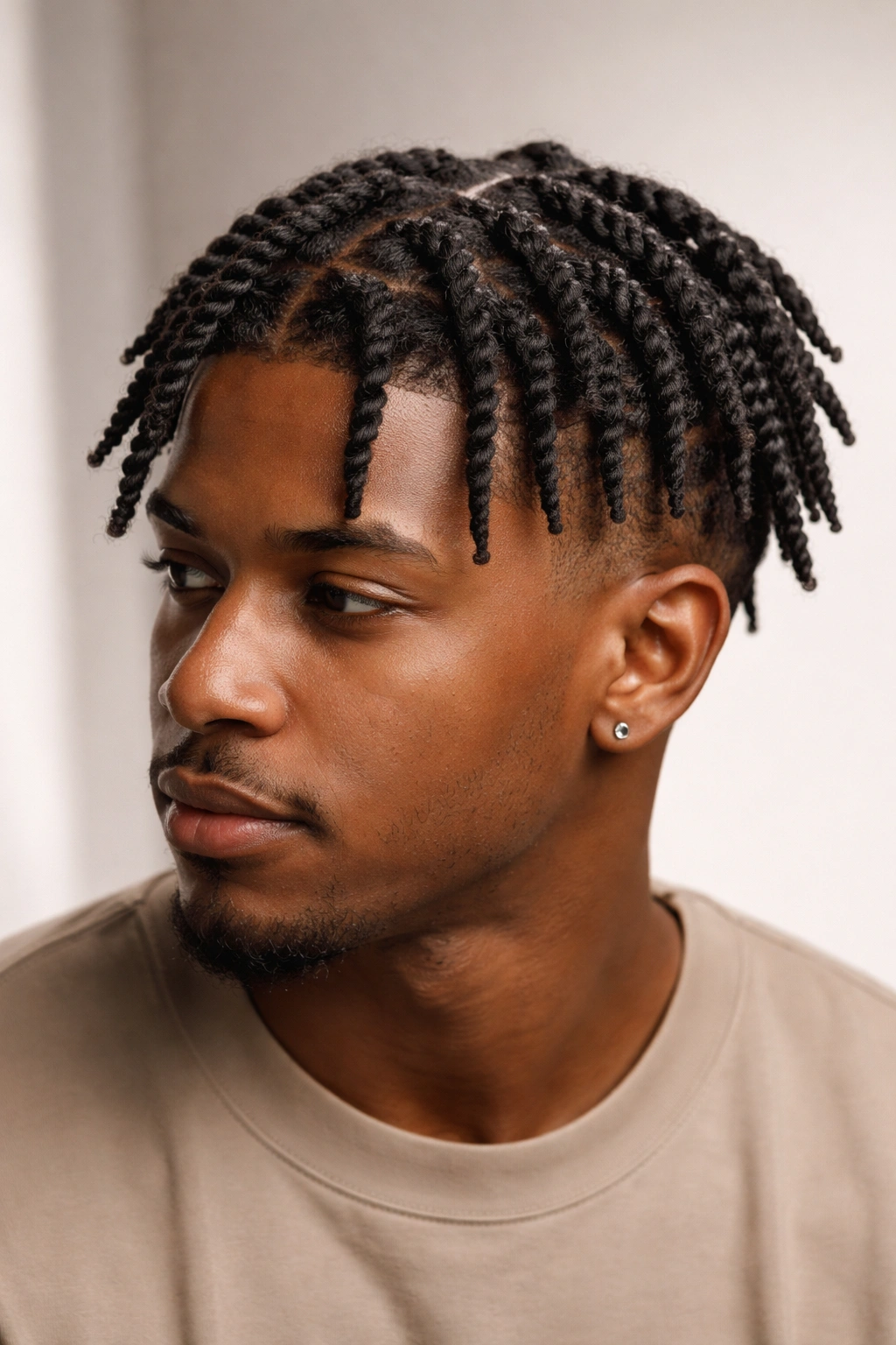 Close-up of twisted short locs showing clear spiral patterns
