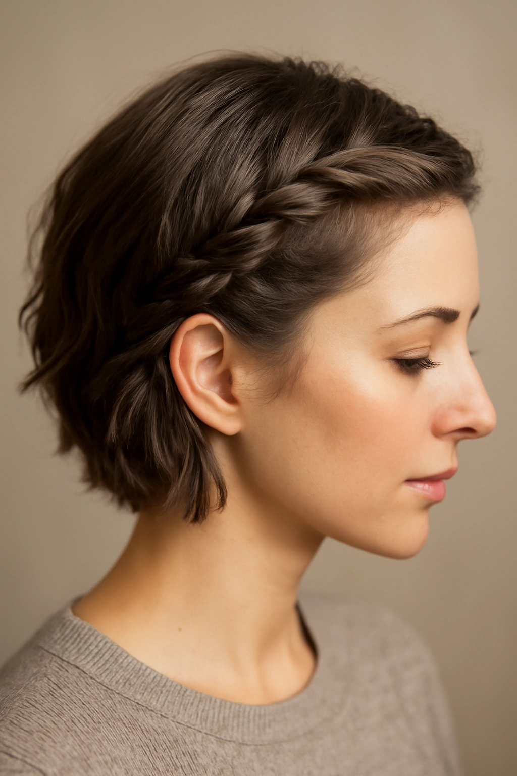 Side view of two twisted side braids secured behind the ear