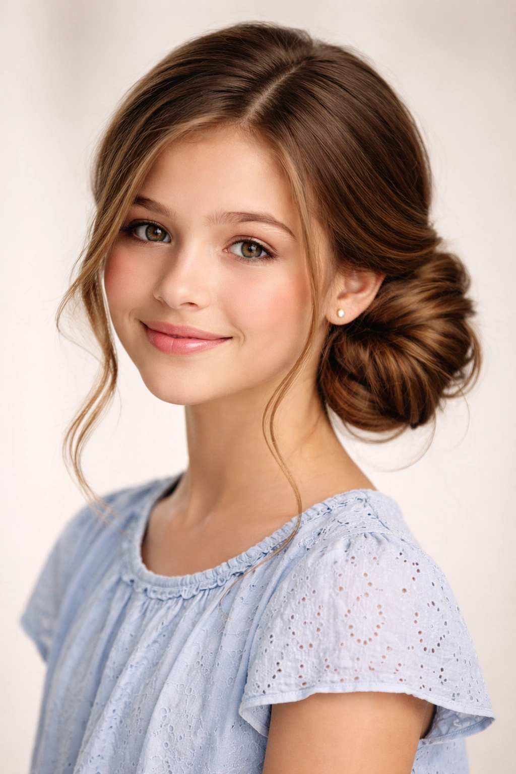 Twisted side bun with wisps framing the face