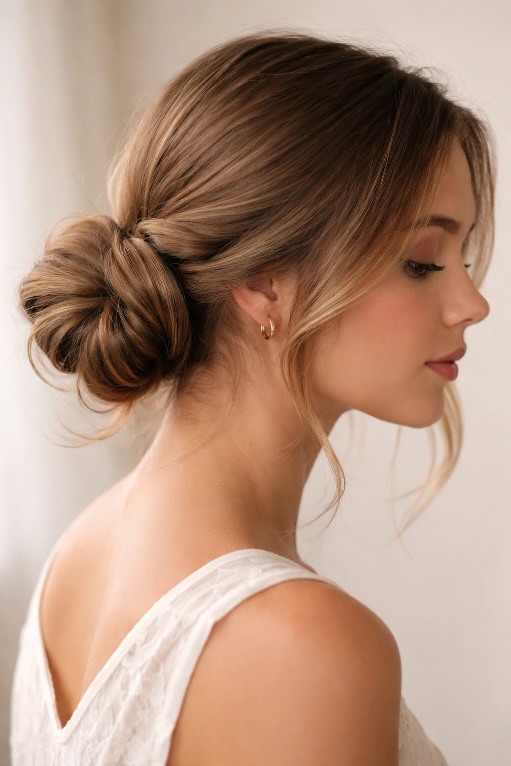 Twisted rope-like side bun pinned behind the ear