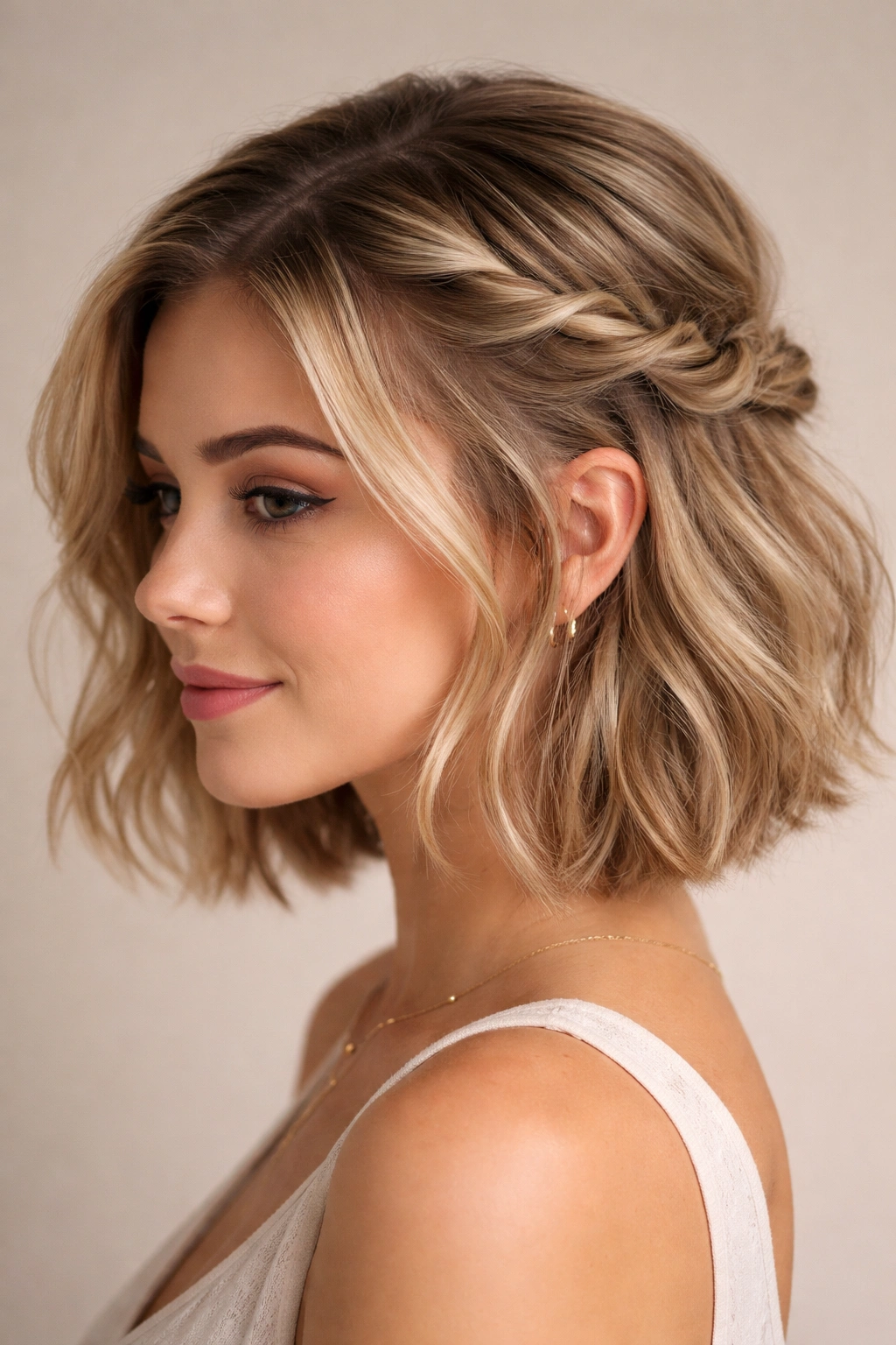 Three-quarter view of a short-haired model with twisted side half-up hairstyle