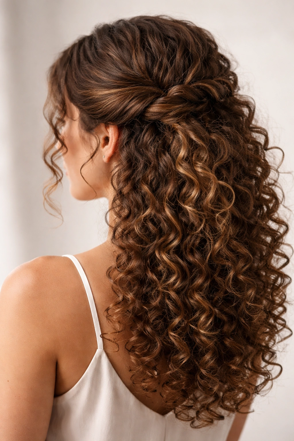 Twisted side knot hairstyle with curled length on one side